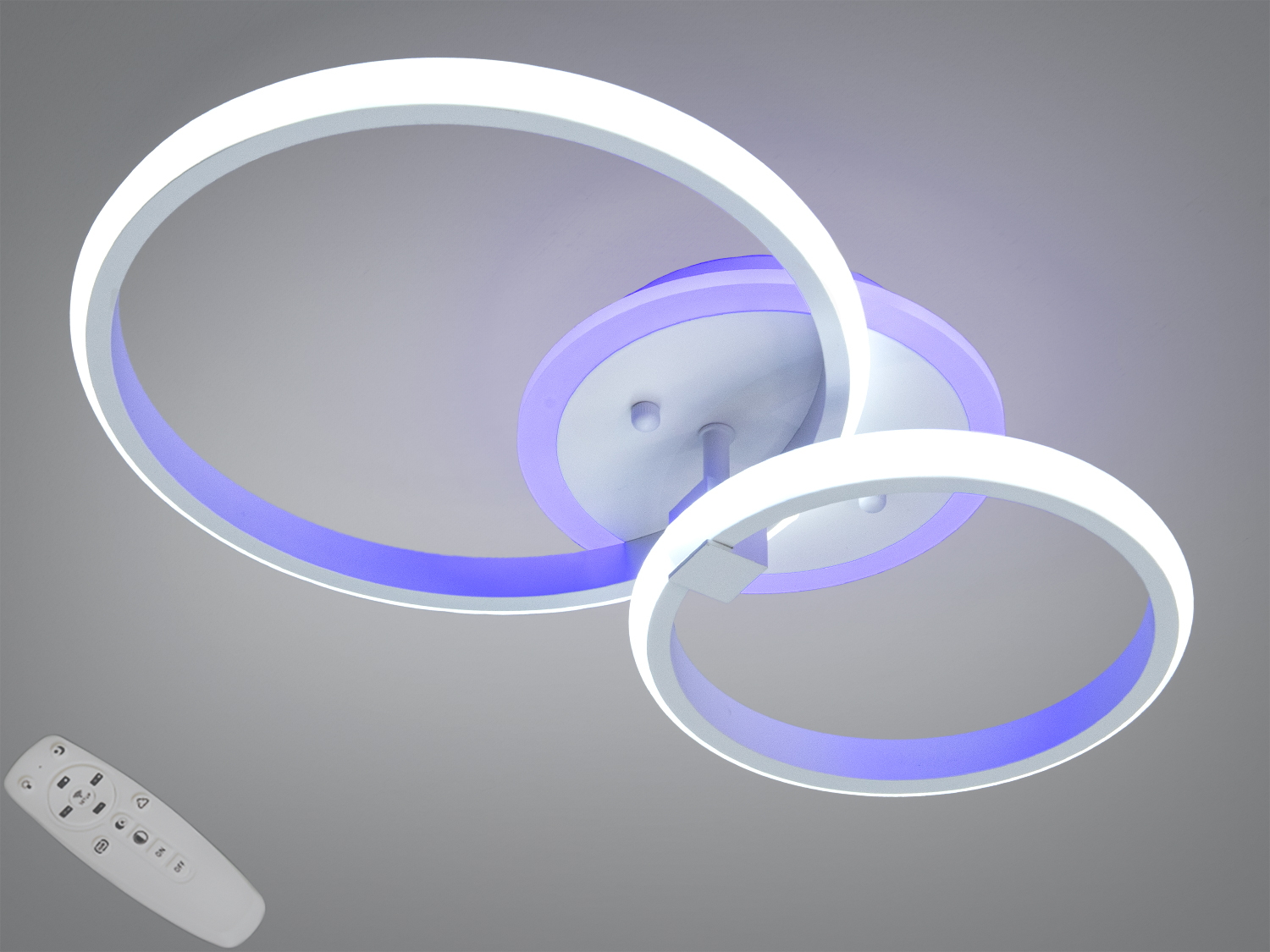 Стельова LED-люстра Diasha, біла, 2 кільця, 44 Вт, з пультом, димером і кольоровою підсвіткою. Підходить для кімнат до 8 м² та різних сценаріїв освітлення.