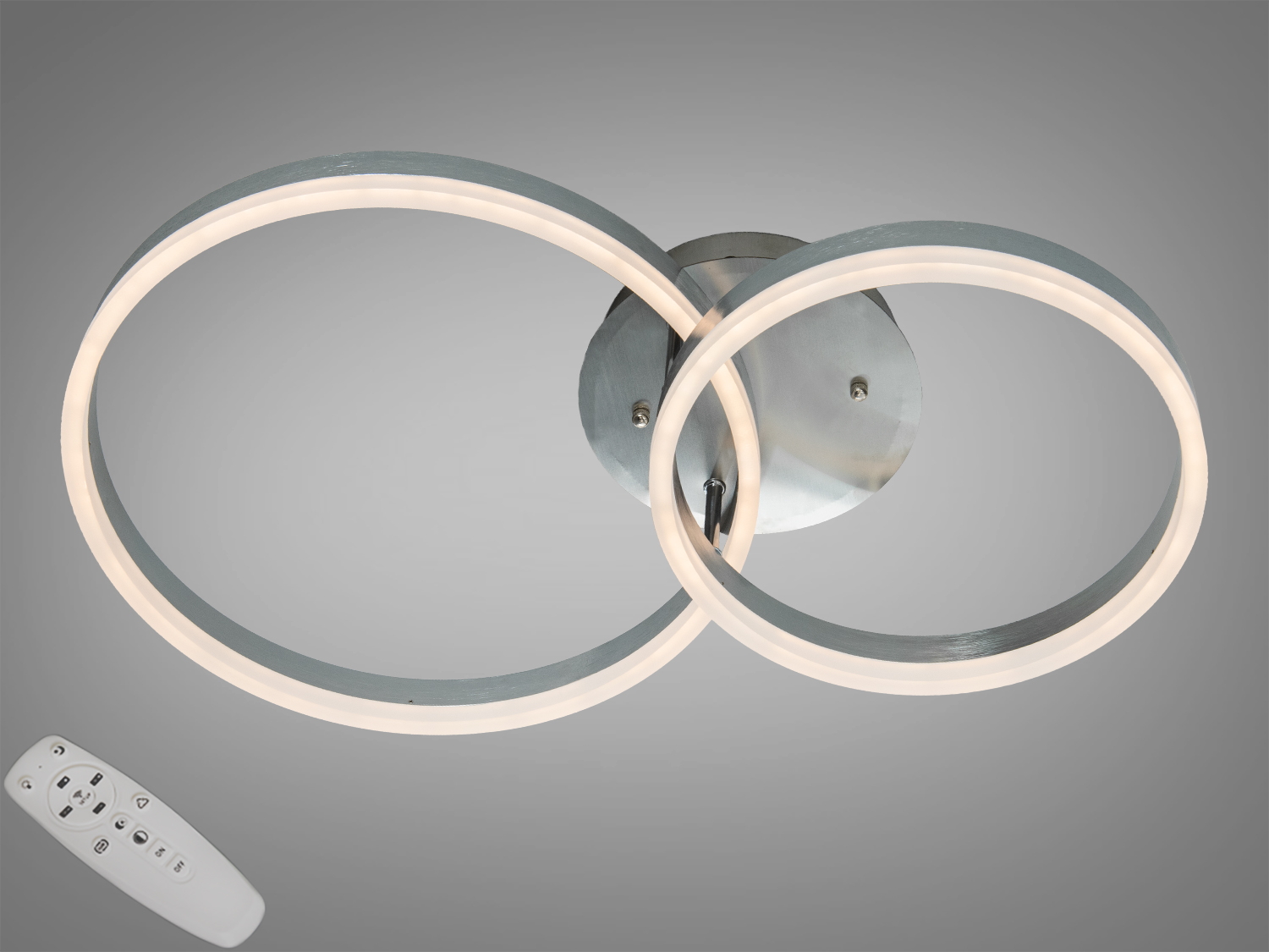 Світлодіодна люстра Diasha 50W з двома кільцями у матовому хромі, з пультом і димером. Рекомендована для освітлення близько 9 м² у сучасних інтер’єрах.
