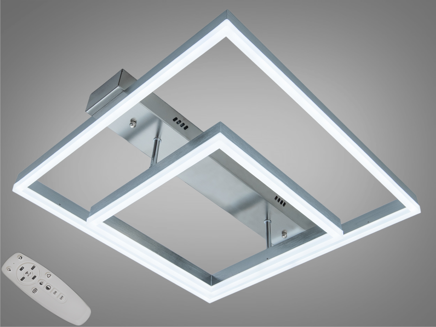 Стельова LED-люстра 60 Вт, матовий хром, пульт, 3 режими 3200–6500K. 3300 лм для кімнат до ~10 м². Два акрилові квадрати, низький профіль, металевий каркас.