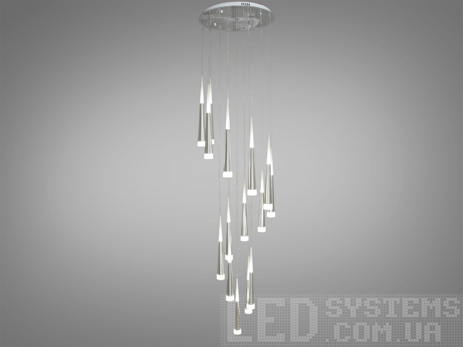Каскадна LED-люстра Diasha, 60 Вт, матовий хром, нейтральне світло ~4100K. Регулювання висоти, мʼяке розсіювання, доречна для 8–12 м² і високих стель.