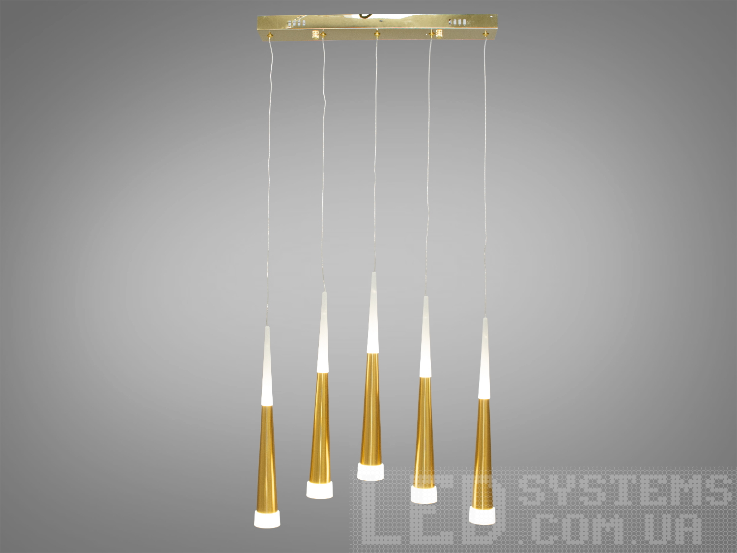 Каскадна LED-люстра у золоті, 18 Вт і 4100К. П’ять регульованих підвісів для акцентного освітлення високих стель у вітальні, кухні чи їдальні.