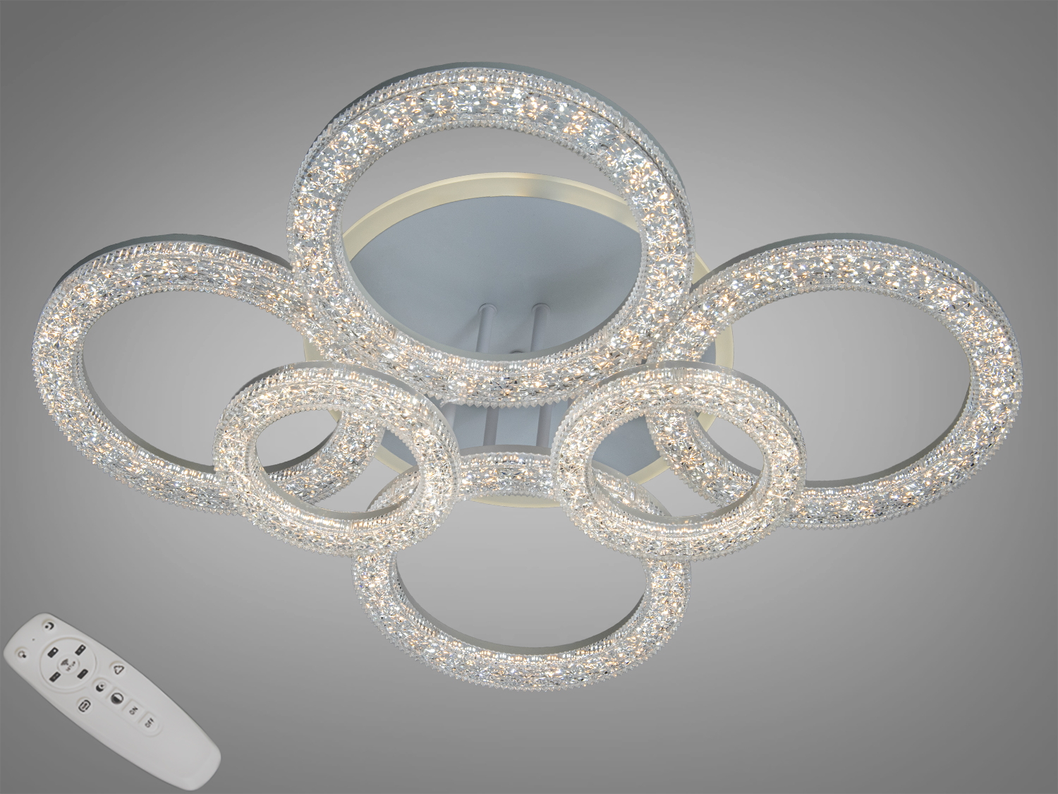 Стельова LED люстра з кільцями, 120 W, біла. Пульт, димування та тепле/холодне біле світло. 6 світлових модулів для кімнат до ~20 м².