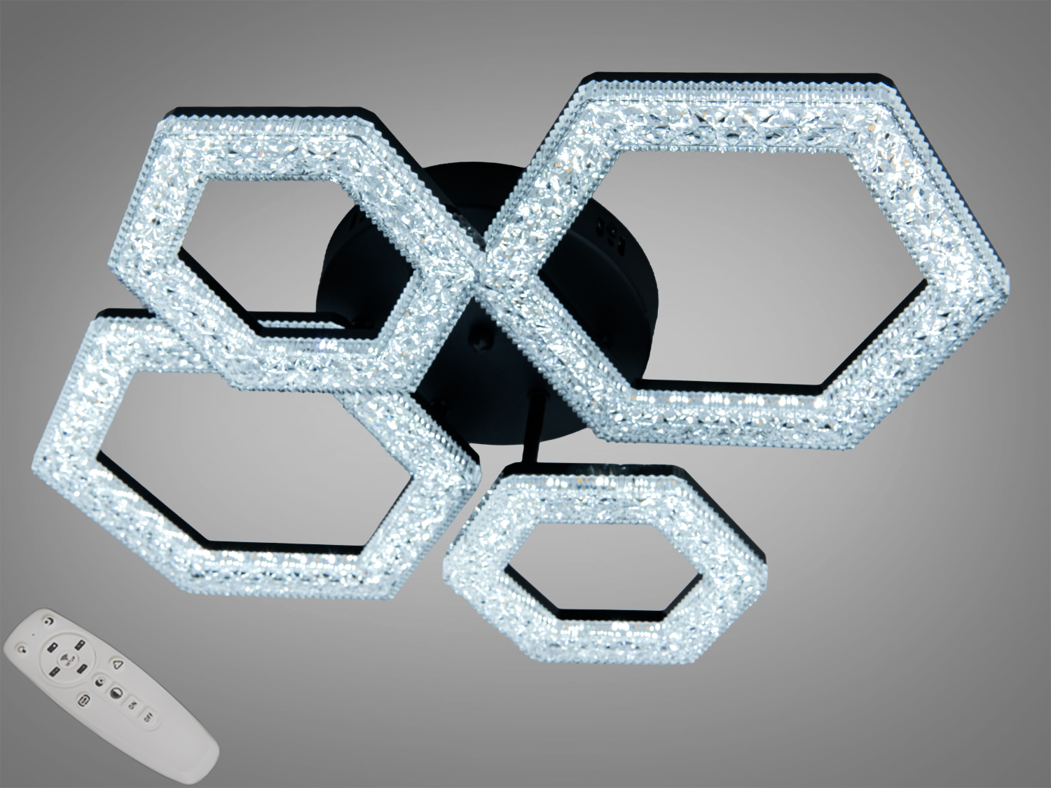 Стельова LED люстра 54 Вт у чорному кольорі з пультом, димуванням і регулюванням тону світла. Чотири гексагональні модулі для площі до близько 10 м².