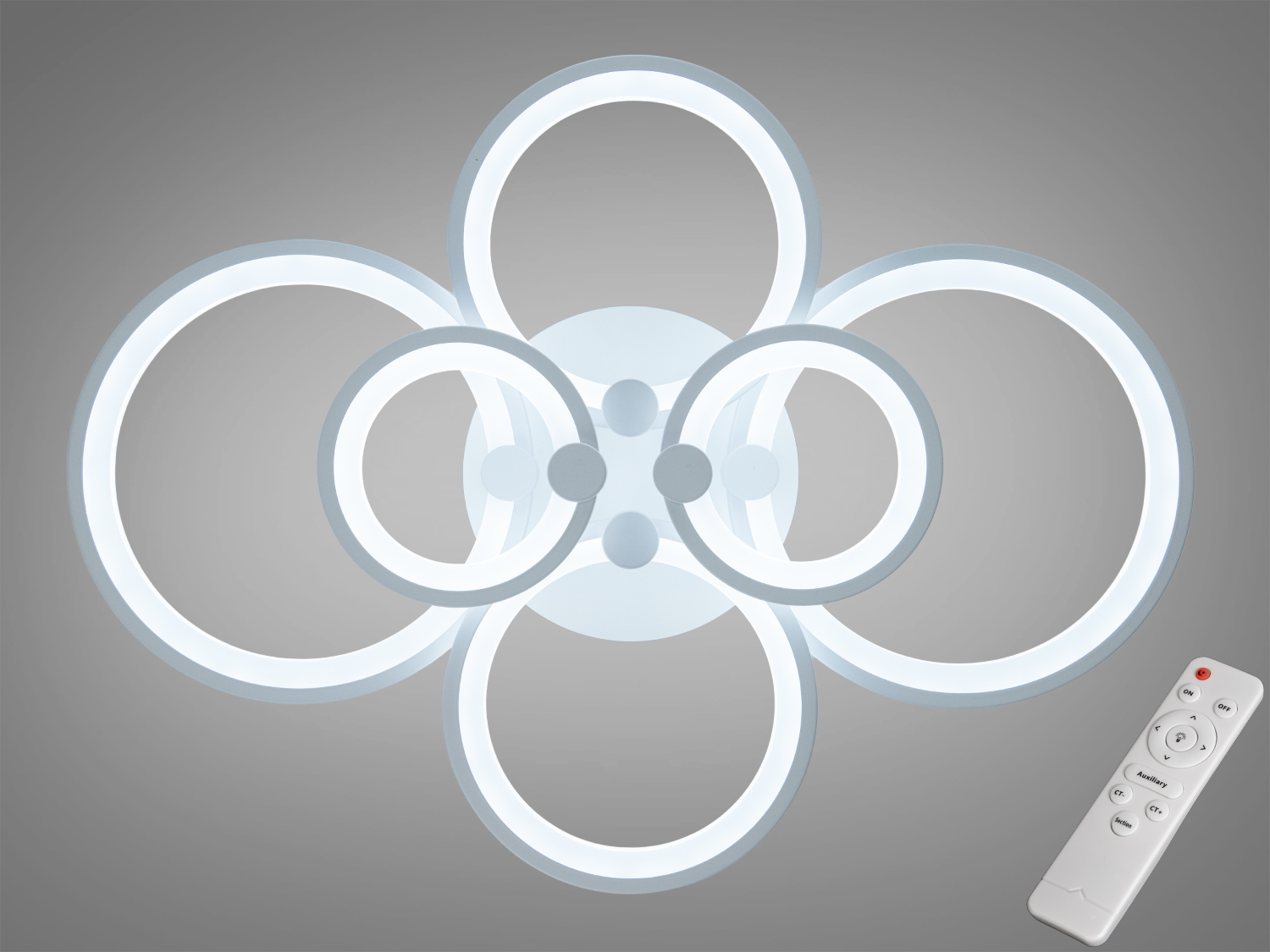 Стильна стельова світлодіодна люстра з пультом управління на 110 Вт, елегантний дизайн, регулювання яскравості та колірної температури.