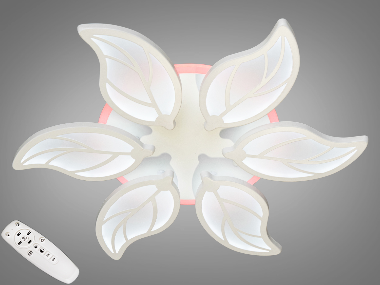 Стельова LED-люстра Diasha 105W у білому кольорі: 6 модулів, димер, тепле/нейтральне/холодне світло, триколірна підсвітка та режим нічника. Орієнтовно до 18 м².
