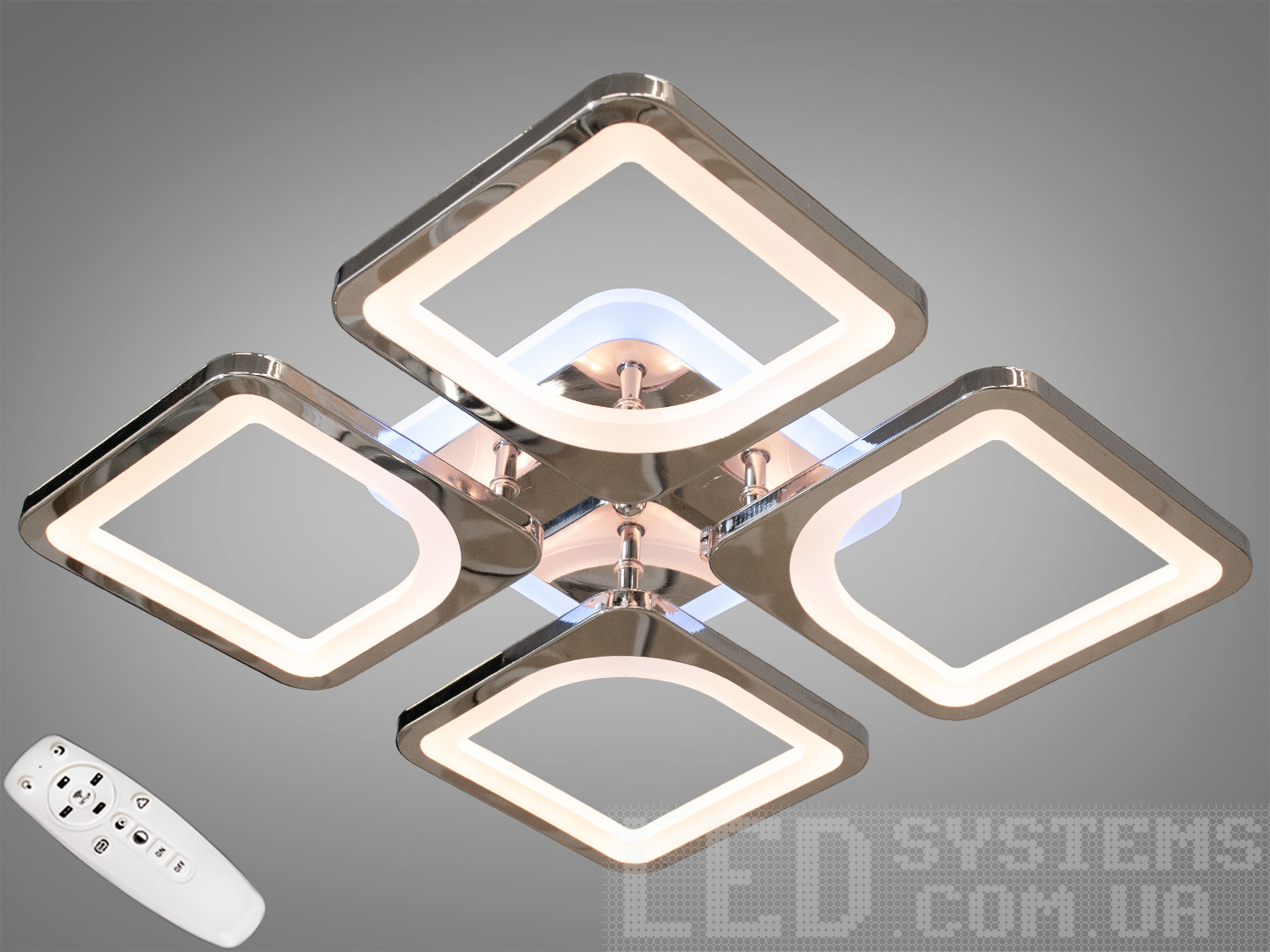 Стельова LED люстра Diasha 8060 у хромі, 100 Вт. Пульт, димер 5–100%, три колірні температури та режим «нічник». Підходить орієнтовно до 17 м².
