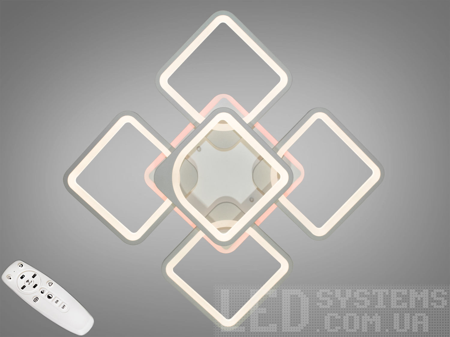 Сіра стельова LED-люстра Diasha 8060, 150 Вт, з пультом і димером. Плоский корпус 4+1 квадрати, налаштування яскравості, для кімнат до ≈25 м².