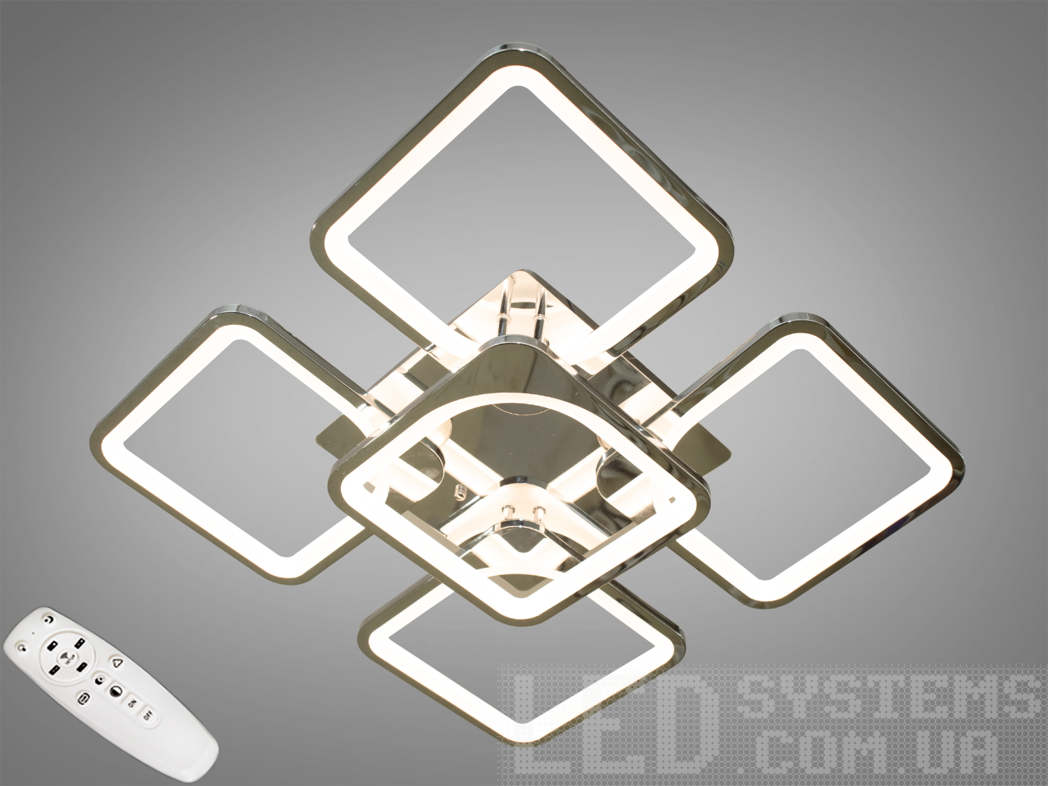 Diasha 8060 — LED стельова люстра 115 Вт, хром. Пульт, димування 5–100%, 3200–6000K, режим нічника. Підходить для кімнат до ~20 м².