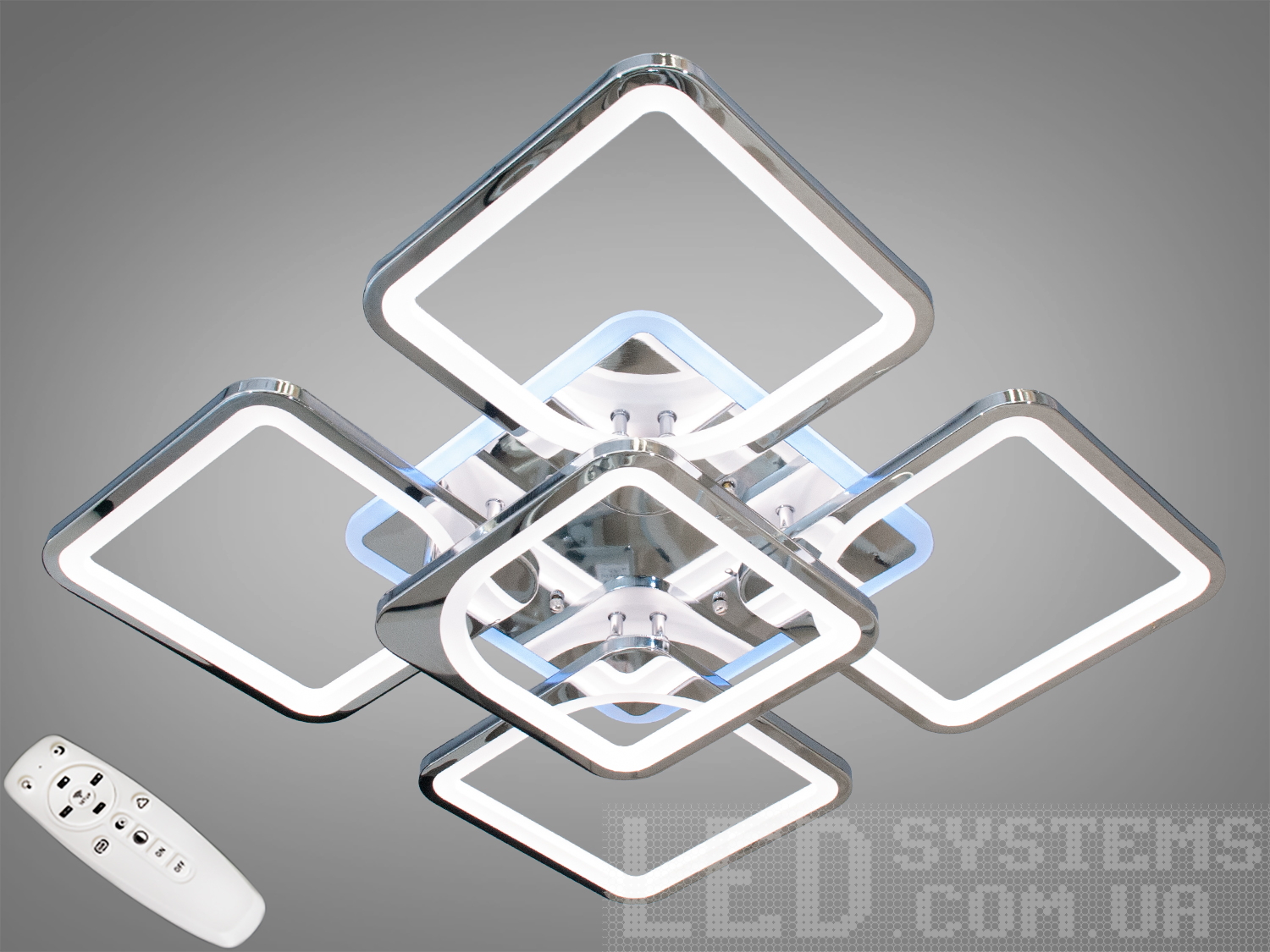 Стельова LED-люстра 8060, хром, 150 Вт з димером і пультом; м’яке розсіювання світла, рекомендована площа до ~25 м².