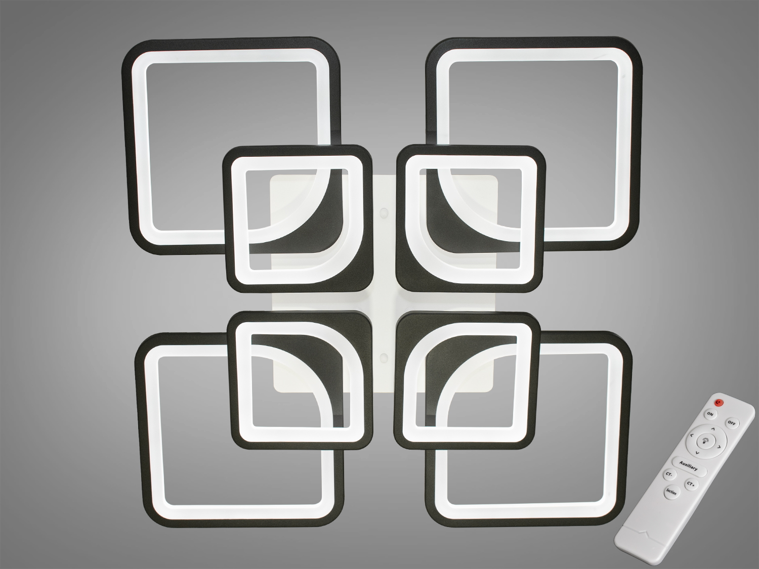 Стельова LED люстра Diasha 8060, чорна, 8 квадратів, 135 Вт. Пульт і димер, три режими світла для кімнат до ~23 м². Сучасний дизайн і м’яке рівномірне освітлення.