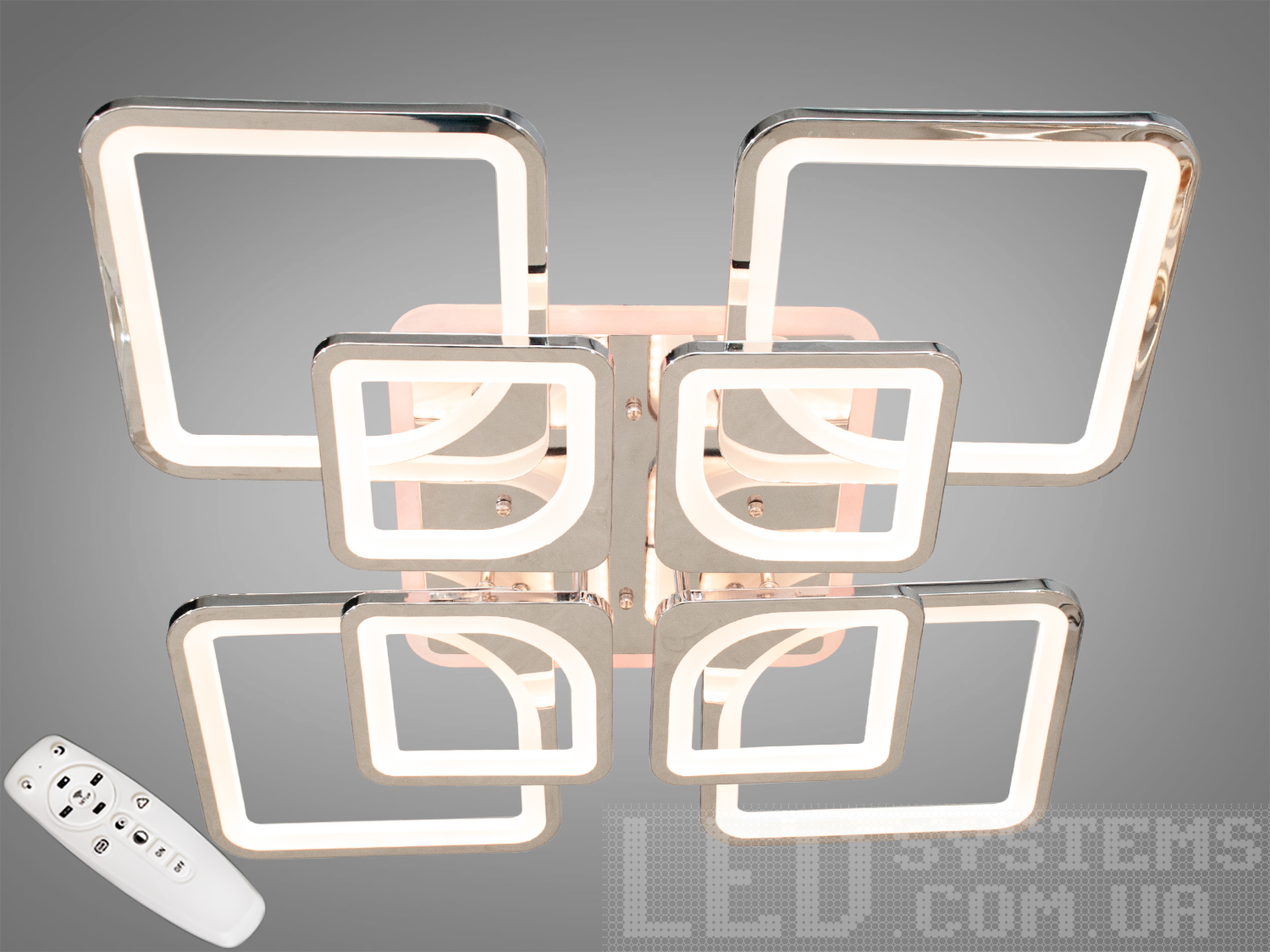 Стельова LED-люстра 8060 у хромі, 190 Вт, димер і пульт. Вісім квадратних модулів, три відтінки білого та кольорова підсвітка для різних сценаріїв.