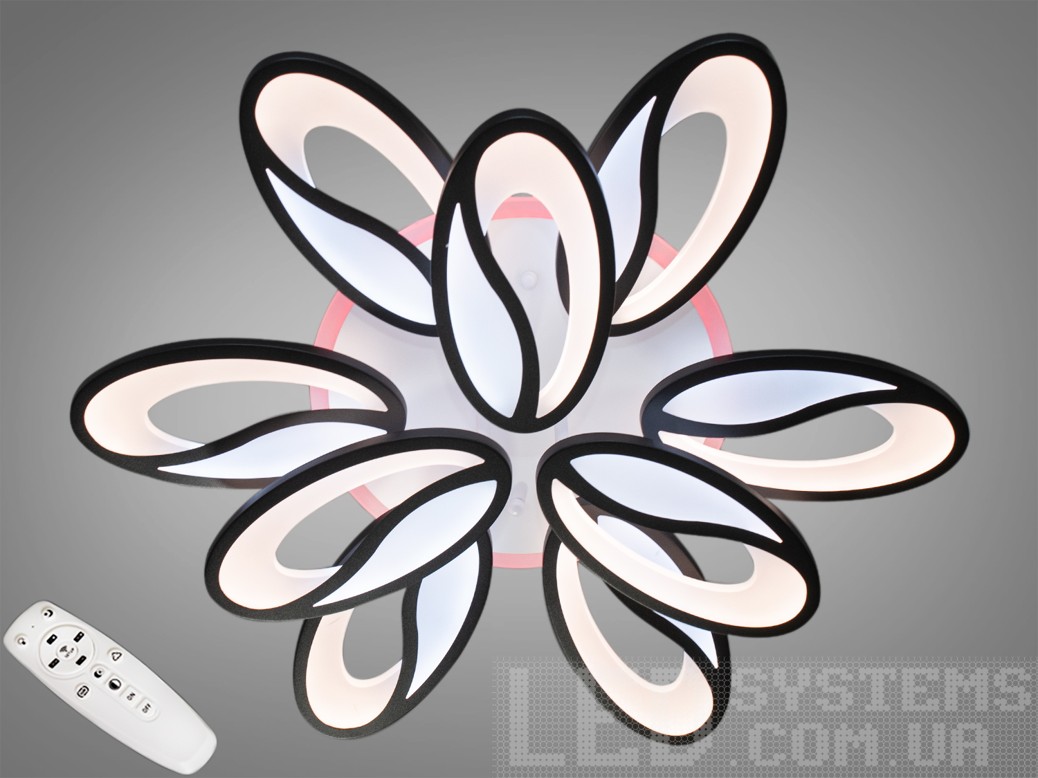 Стельова LED люстра Diasha 150W чорна з пультом і димером. 9 модулів, м’яке світло, триколірна підсвітка основи, нічник. Для кімнат орієнтовно до 25 м².