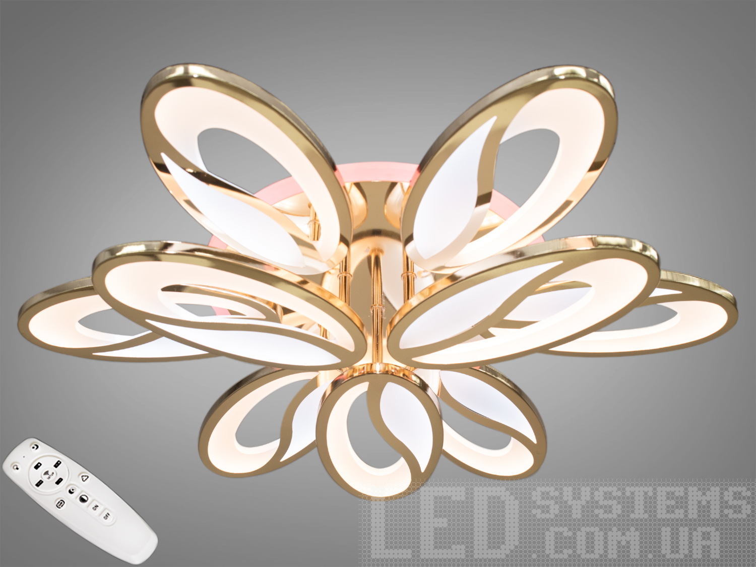 Стельова LED люстра Diasha 150Вт у золоті з пультом, димером і триколірною підсвіткою основи. 9 модулів для рівномірного освітлення кімнат до ~25 м².