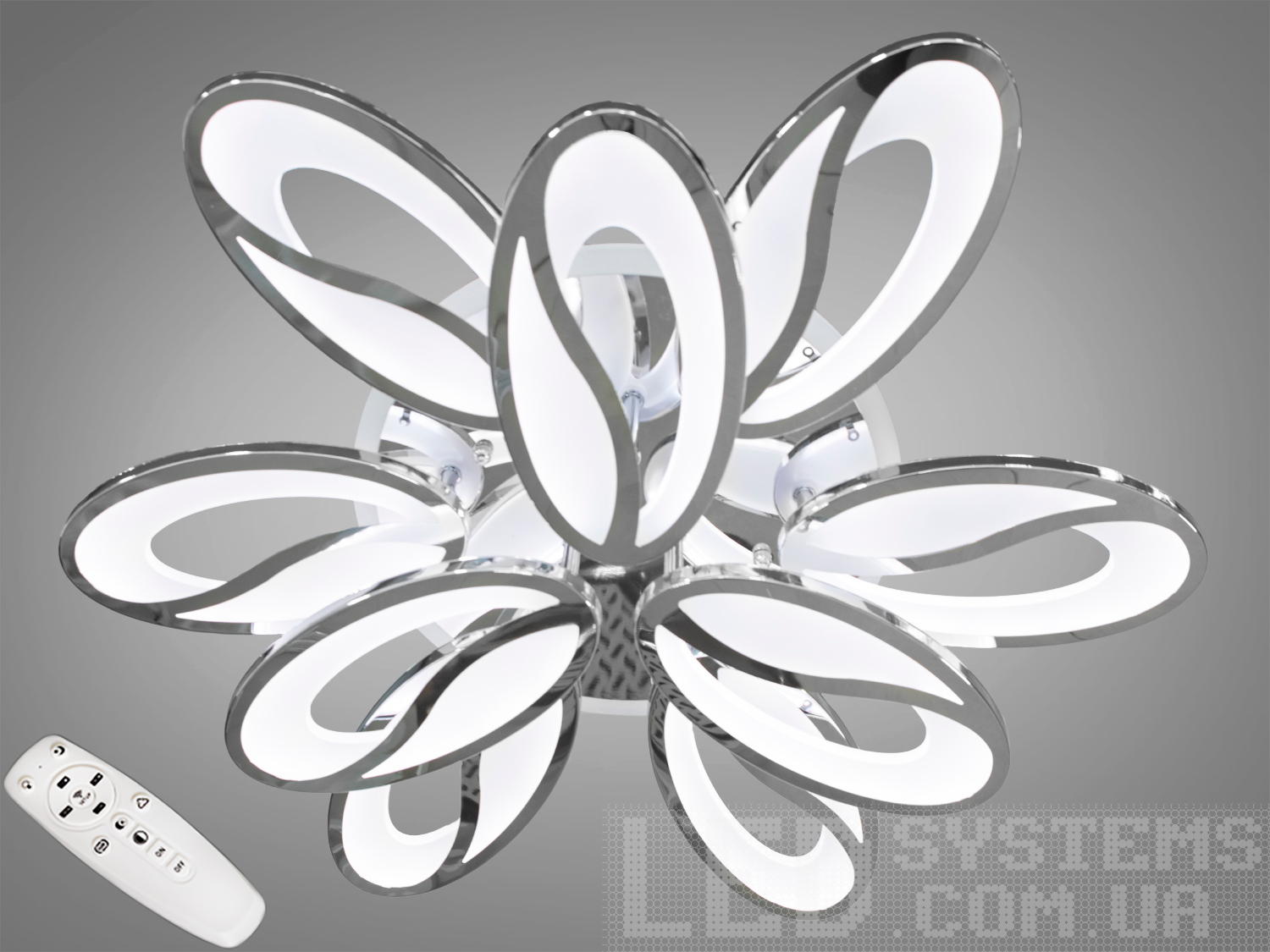 Стельова LED люстра-квітка 150W у хромі з пультом і димером. 9 модулів, триколірна підсвітка основи та м’яке розсіяне світло для кімнат до 25 м².