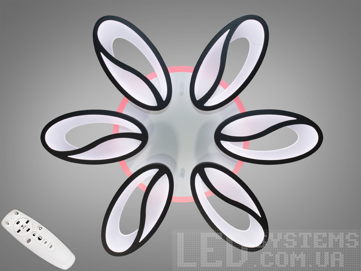 Стельова LED люстра Diasha 105W з пультом і димером. Чорний корпус, 6 пелюсток, триколірна підсвітка основи, режим «нічник». Для кімнат до ≈18 м².