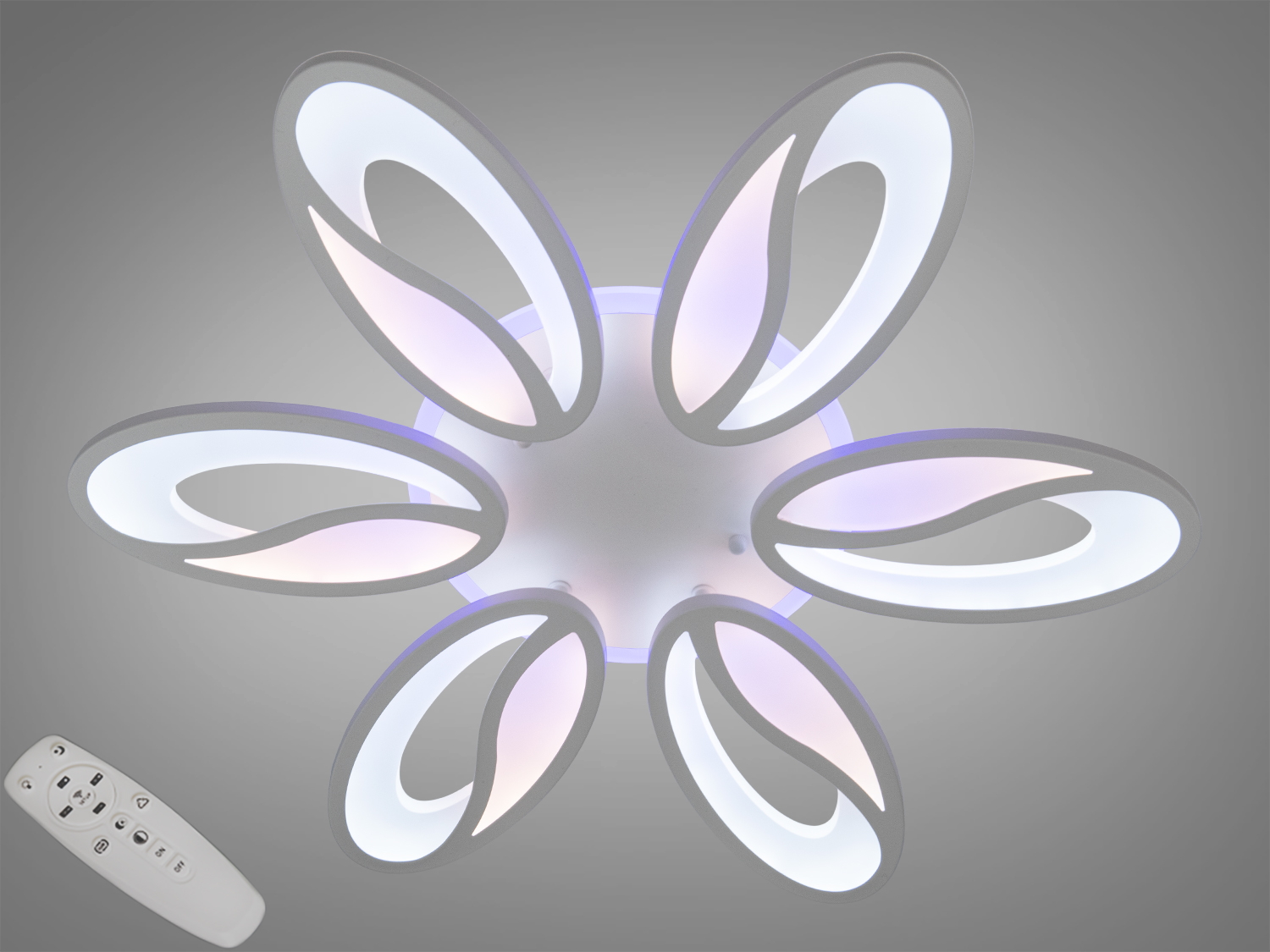 Біла стельова LED люстра Diasha 105W з пультом і димером: 6 модулів, 3 колірні температури та триколірна підсвітка. Підходить для кімнат орієнтовно до 18 м².