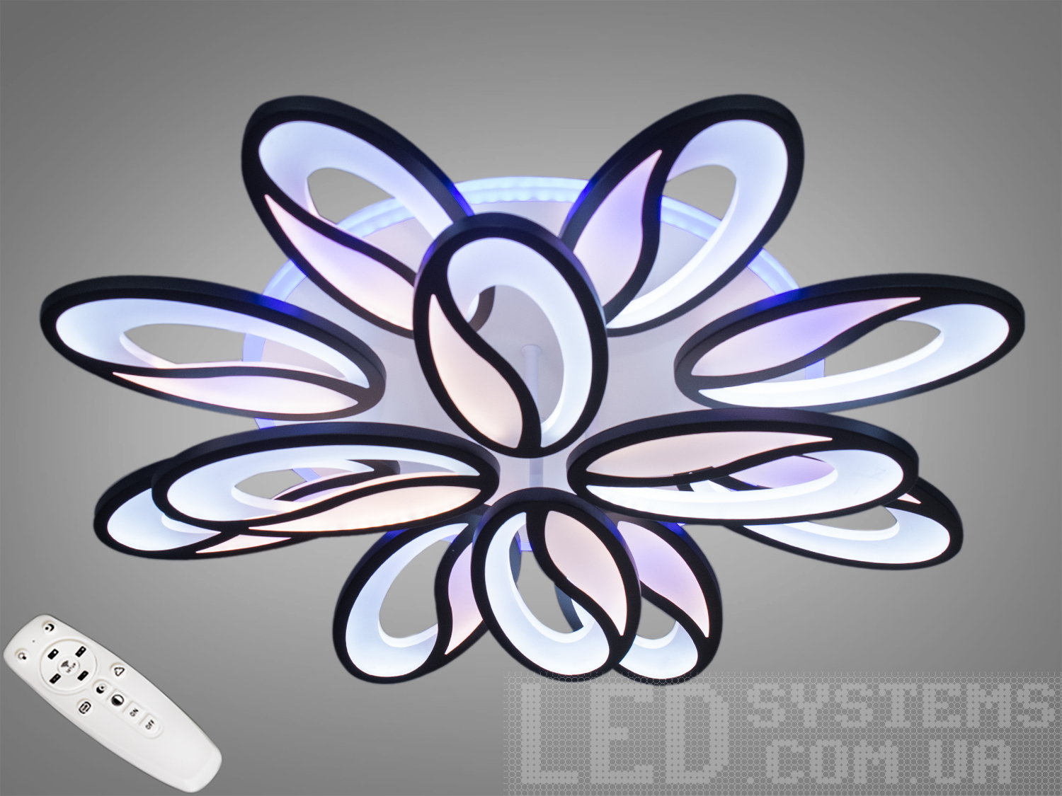 Стельова LED-люстра чорна, 190 Вт, 12 модулів, димер і триколірна підсвітка основи. Дистанційне керування та освітлення до 32 м² для сучасних інтер’єрів.
