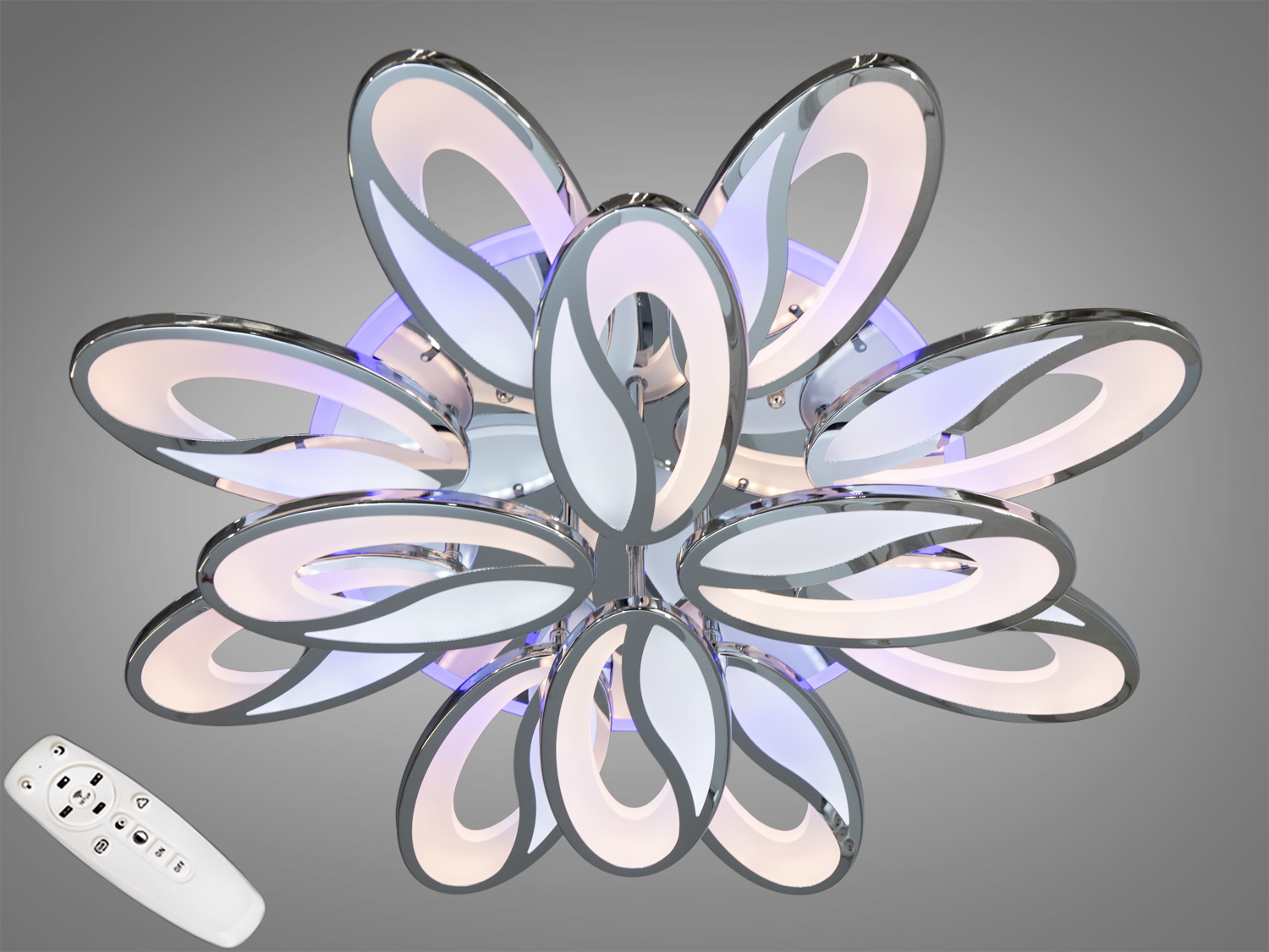 Плоска стельова люстра Diasha у хромі, 190W, 12 модулів, пульт і димер. Триколірна підсвітка основи, режим «нічника», освітлення до ≈32 м².