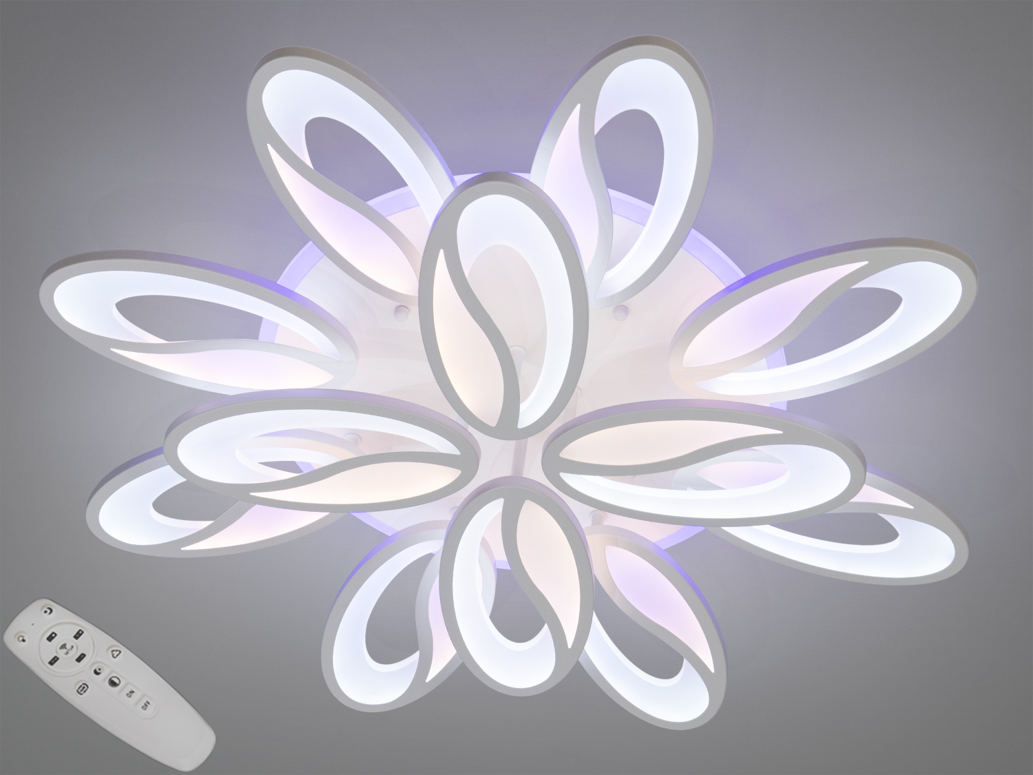 Біла стельова LED люстра Diasha 8090: 190 W, 12 модулів, пульт, димер і три колірні температури. Підходить для кімнат до ~32 м².