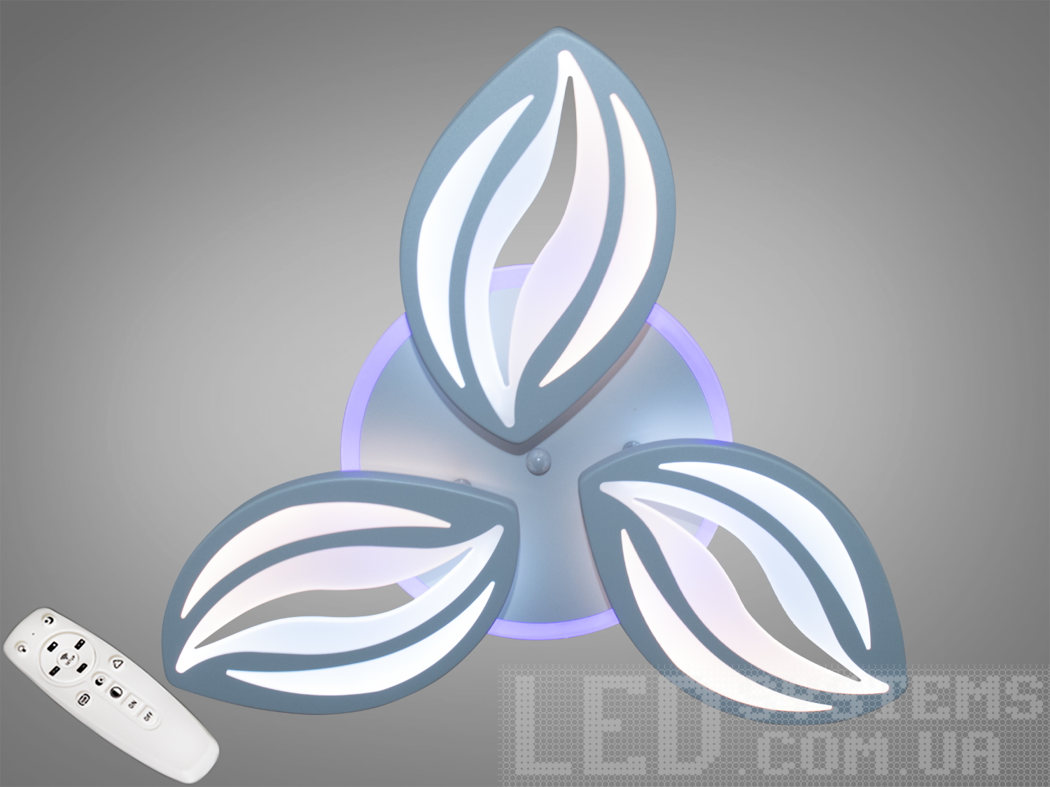 Стельова LED люстра 70W сіра з пультом і димером. Три CCT режими 3200K 4100K 6000K і кольорова підсвітка, 3 модулі. Рекомендовано для кімнат до ~12 м².