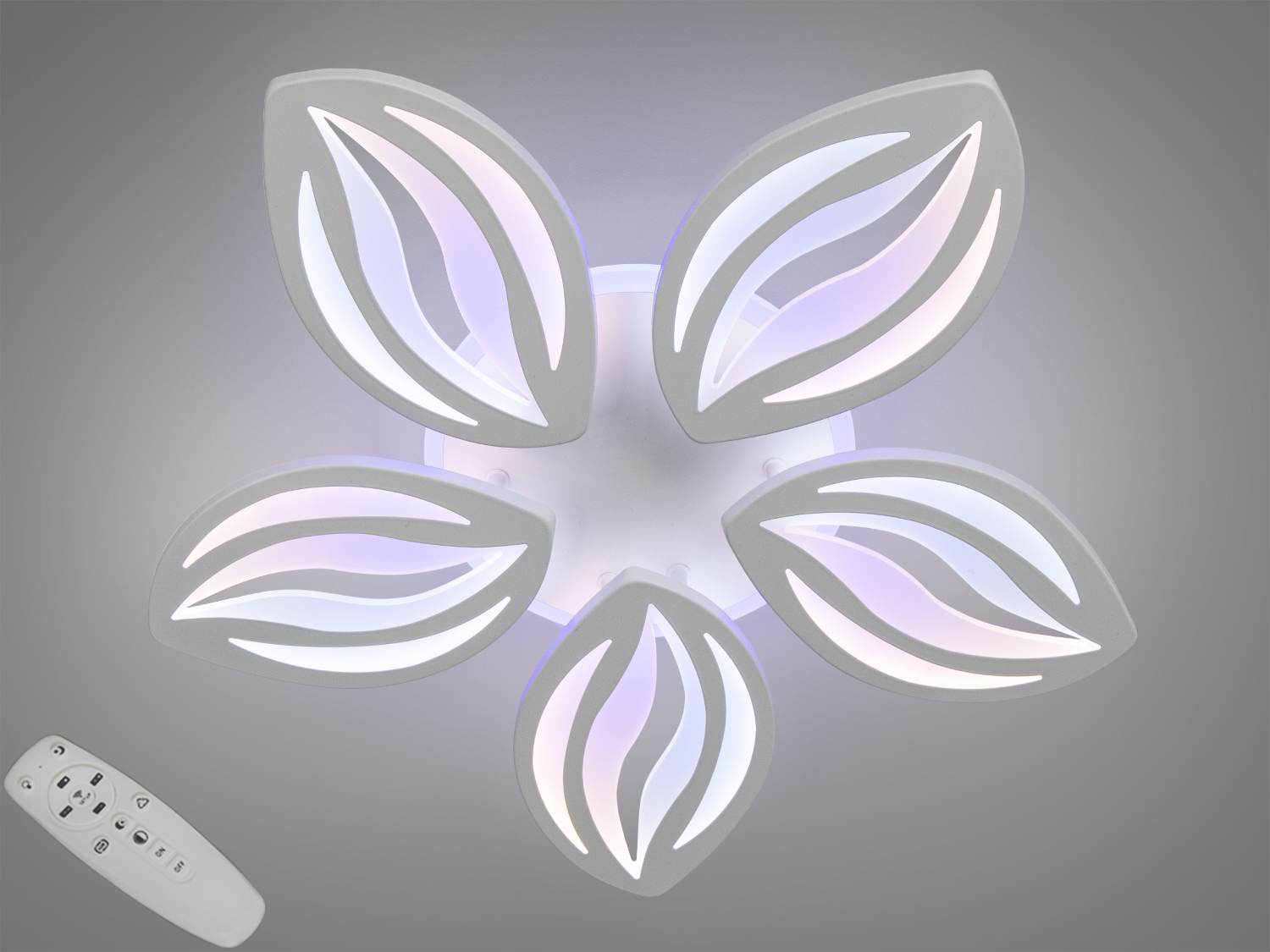 Біла стельова LED-люстра Diasha 75W з пультом і димером. 5 пелюсток, три відтінки білого, нічний режим, комфортне освітлення до ~13 м².
