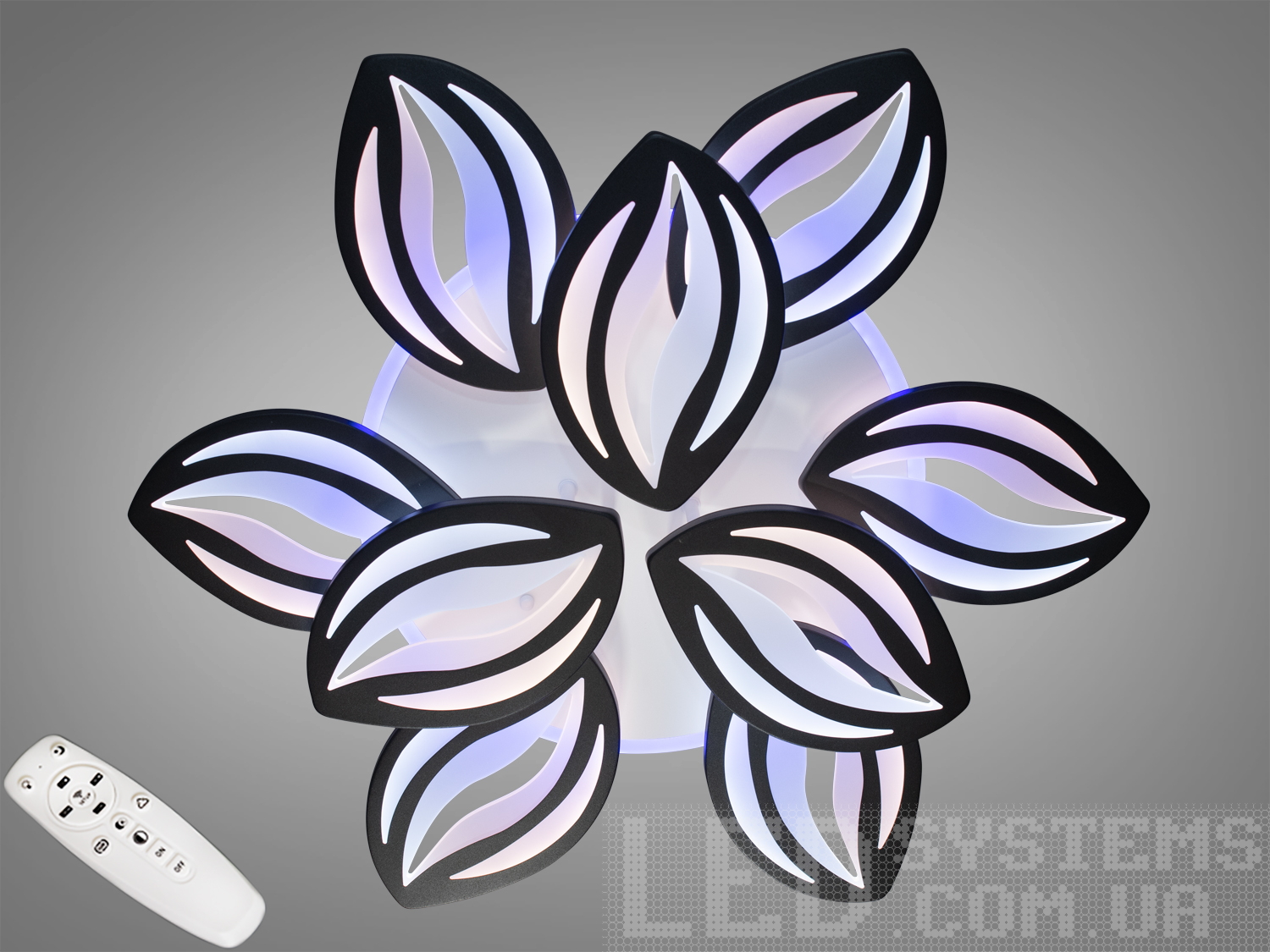 Стельова LED люстра 165W, чорна, 9 модулів, димер і три кольори ССТ плюс синя/червона/рожева підсвітка. Пульт у комплекті, освітлення до 28 м².