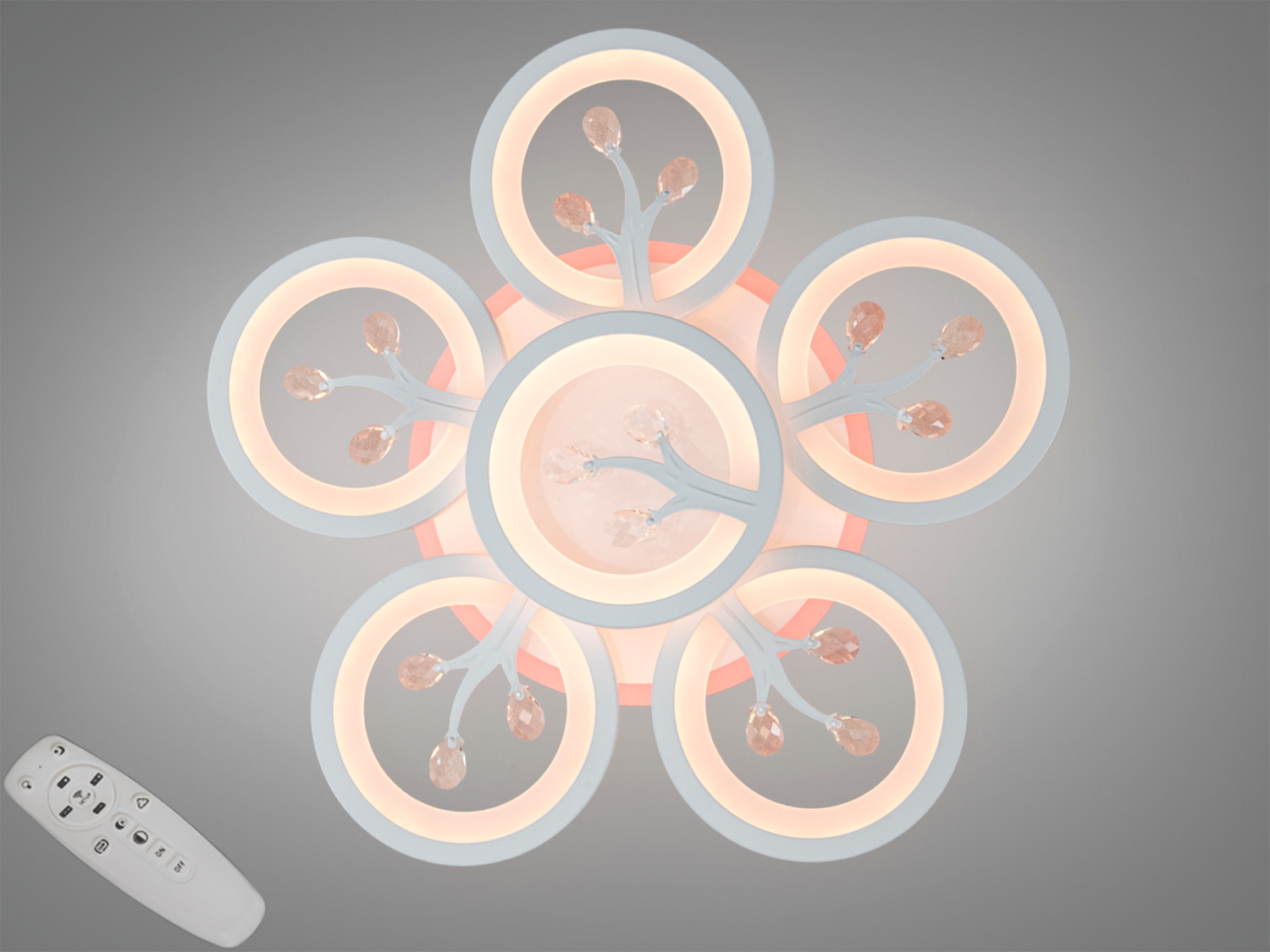 Стельова LED люстра 5+1, 95 Вт, біла, з кристалами і пультом. Регулювання колірної температури та триколірне підсвічування основи для кімнат до 16 м².