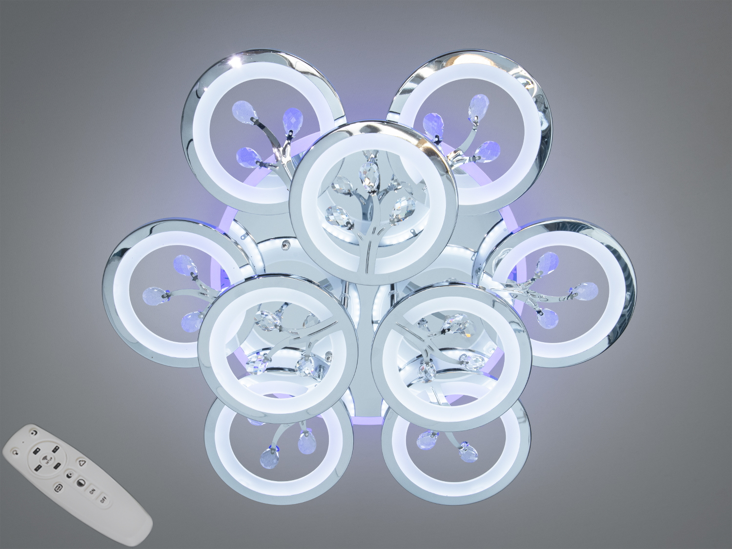 Стельова LED-люстра Diasha 140 Вт з пультом і триколірною підсвіткою основи. Хромовані кільця з кристалами, 9 модулів, освітлення приміщень до ~24 м².