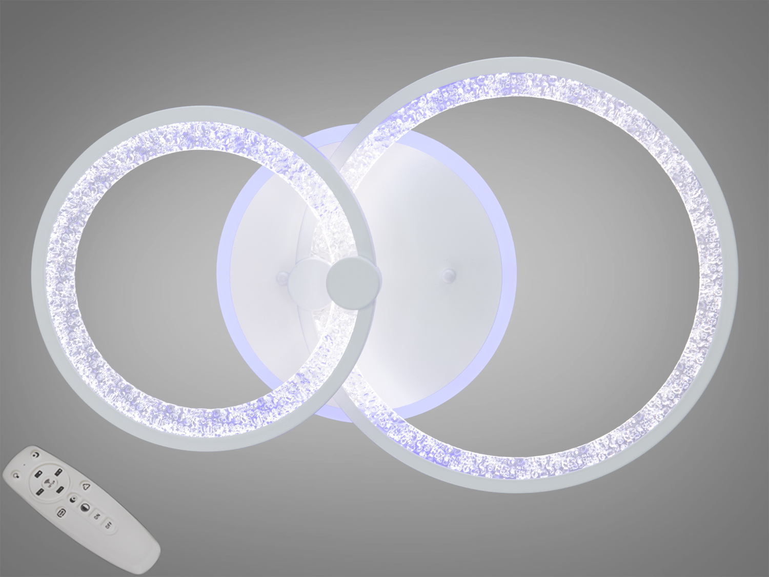 Стельова LED люстра Diasha 55W у білому кольорі з пультом, димером і кольоровою підсвіткою. Підходить для кімнат близько 10 м², регулювання яскравості та тону.