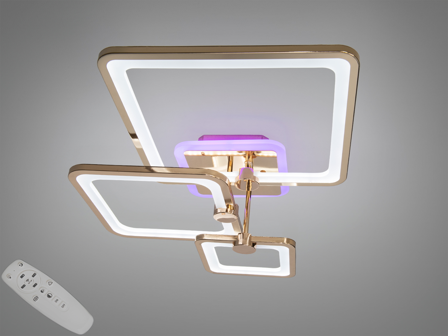 Стельова LED люстра 8060 у золоті, 70 Вт, з пультом і димером. Три квадратні модулі та підсвічування основи для кімнат до 12 м².