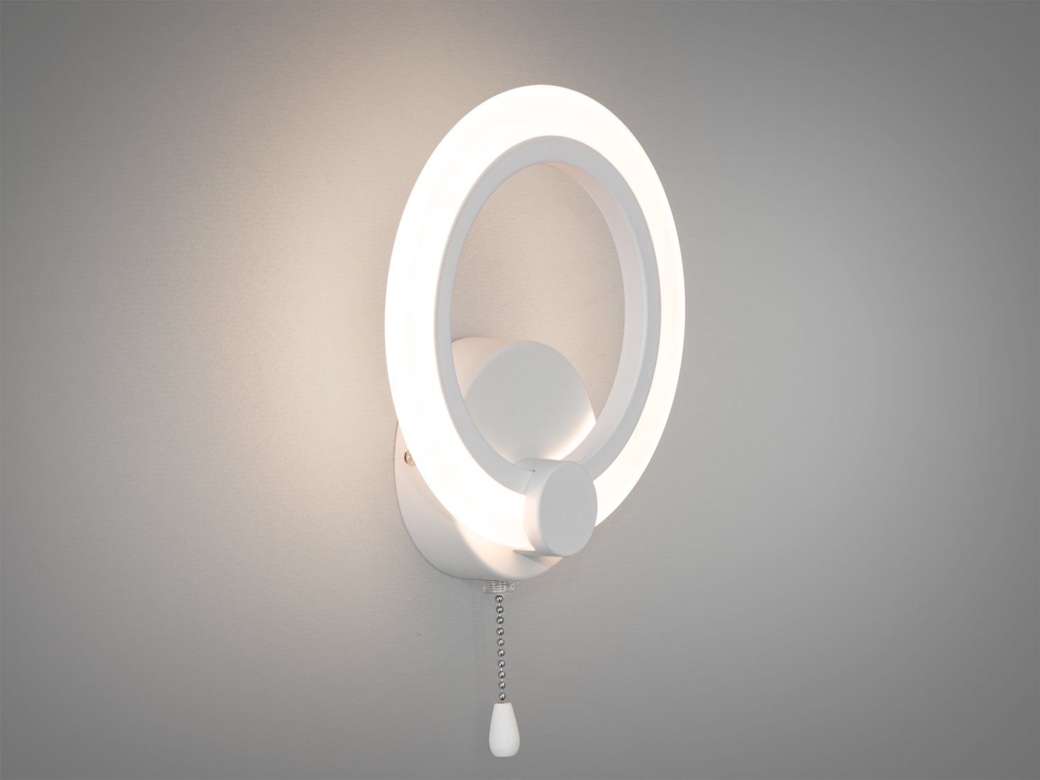 Біле LED бра Diasha A8022, 16 Вт, з ланцюжковим вимикачем і трьома режимами 3200K/4100K/6000K. Акриловий розсіювач, сучасний круглий дизайн.