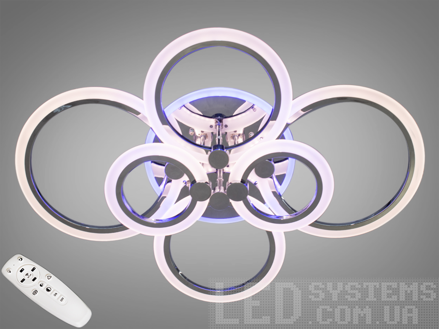 Стельова LED люстра на 6 кілець, 105 Вт, хром. Пульт, димер, CCT 3200K/4100K/6000K, нічник 5% та підсвітка основи. Рекомендована площа до 18 м².