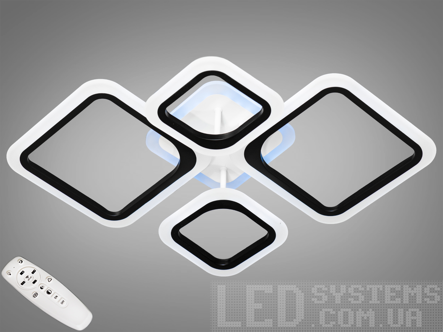 Стельова LED-люстра серії 8060, 62 Вт, чорна. 4 квадратні модулі, пульт, димер і зміна CCT ~3000–6000 K. Підходить для кімнат до ~10 м².