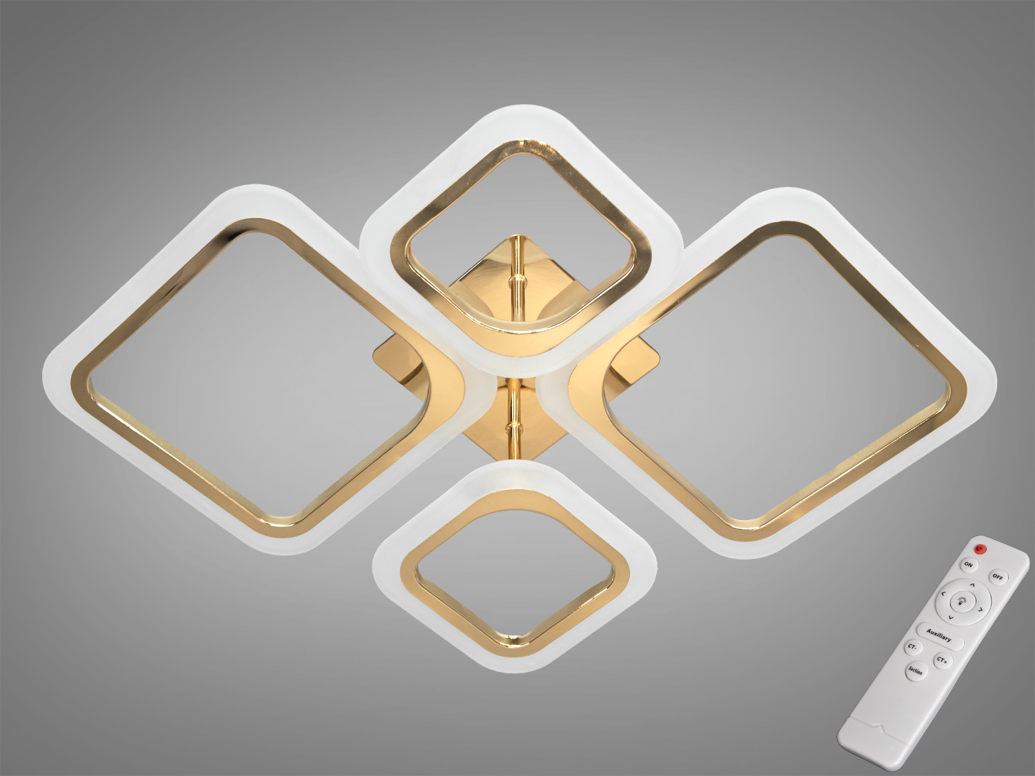 Стельова LED люстра 8060 у золоті, 52 Вт. 4 квадрати, пульт, димування і 3200–6000К, кольорова підсвітка. Для приміщень близько до 10 м².