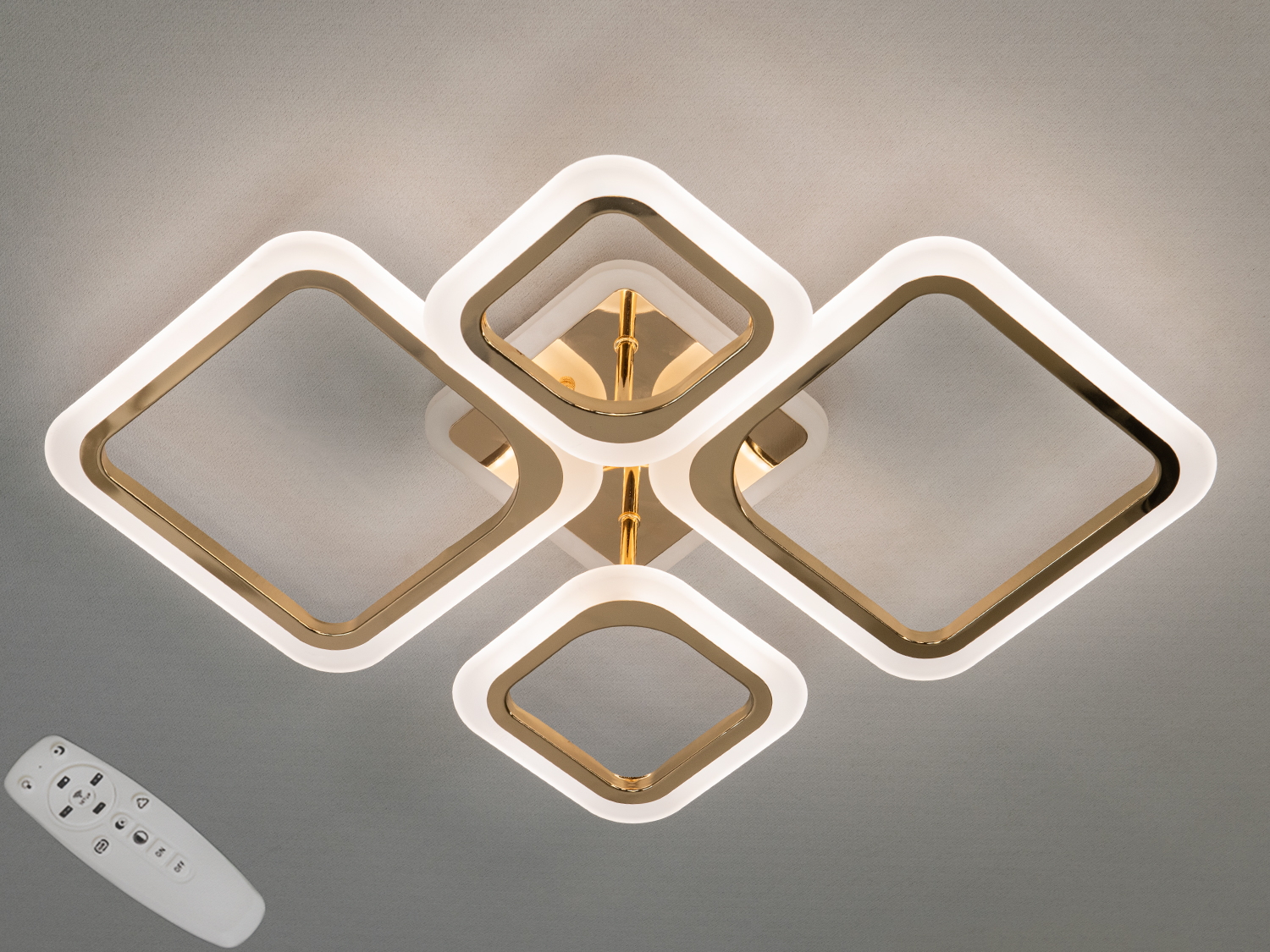 Світлодіодна стельова люстра серії 8060 у золоті: 80 Вт, пульт, 3 кольорові температури 3200–6000K, димування та кольорове підсвічування ≈10 Вт. Рекомендовано для кімнат до ≈13 м².