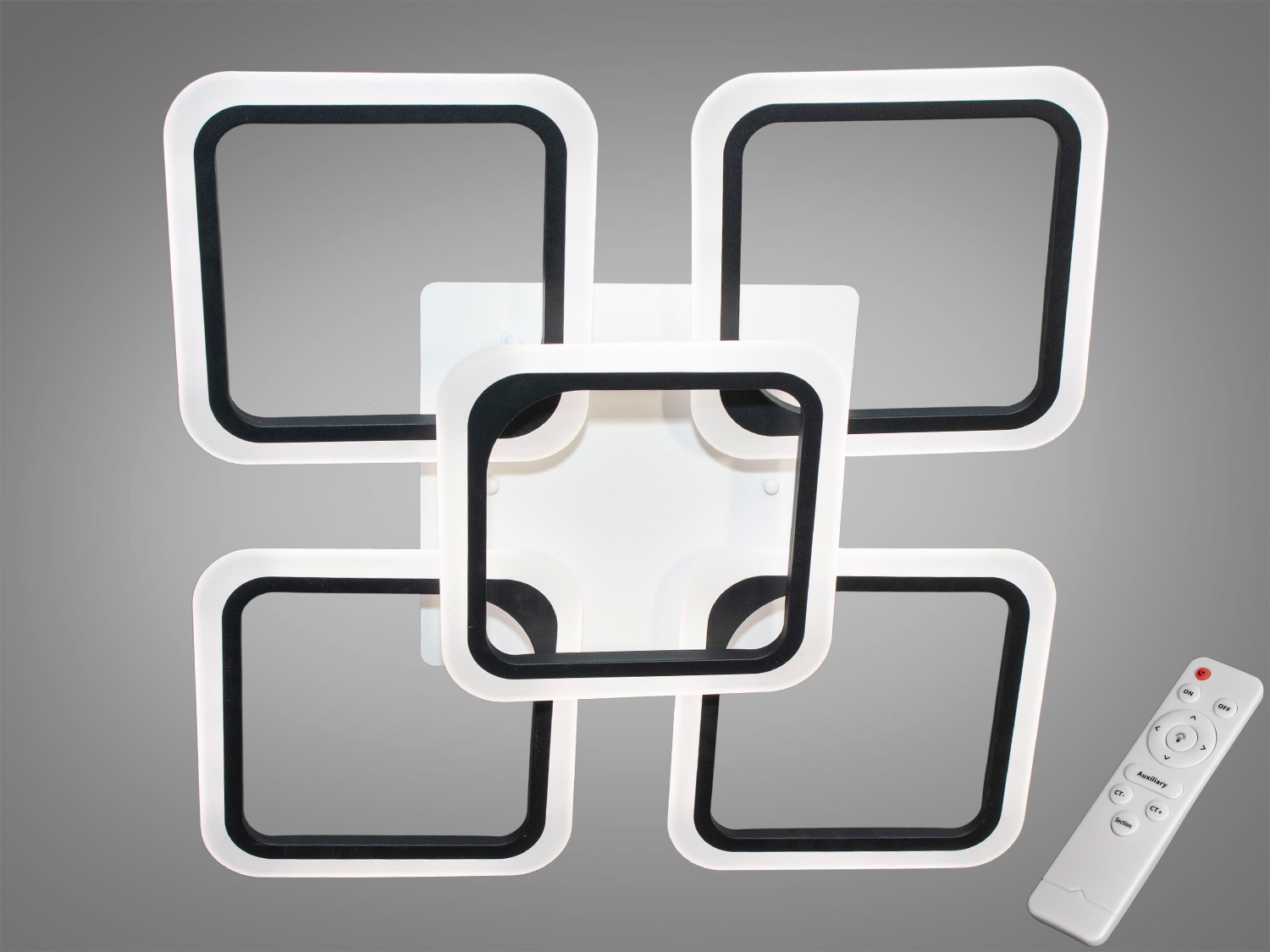 LED люстра серії 8060, 90 Вт, чорна. 5 квадратних модулів, димер, 3 колірні температури, нічний режим. Орієнтовно для кімнат до 15 м².