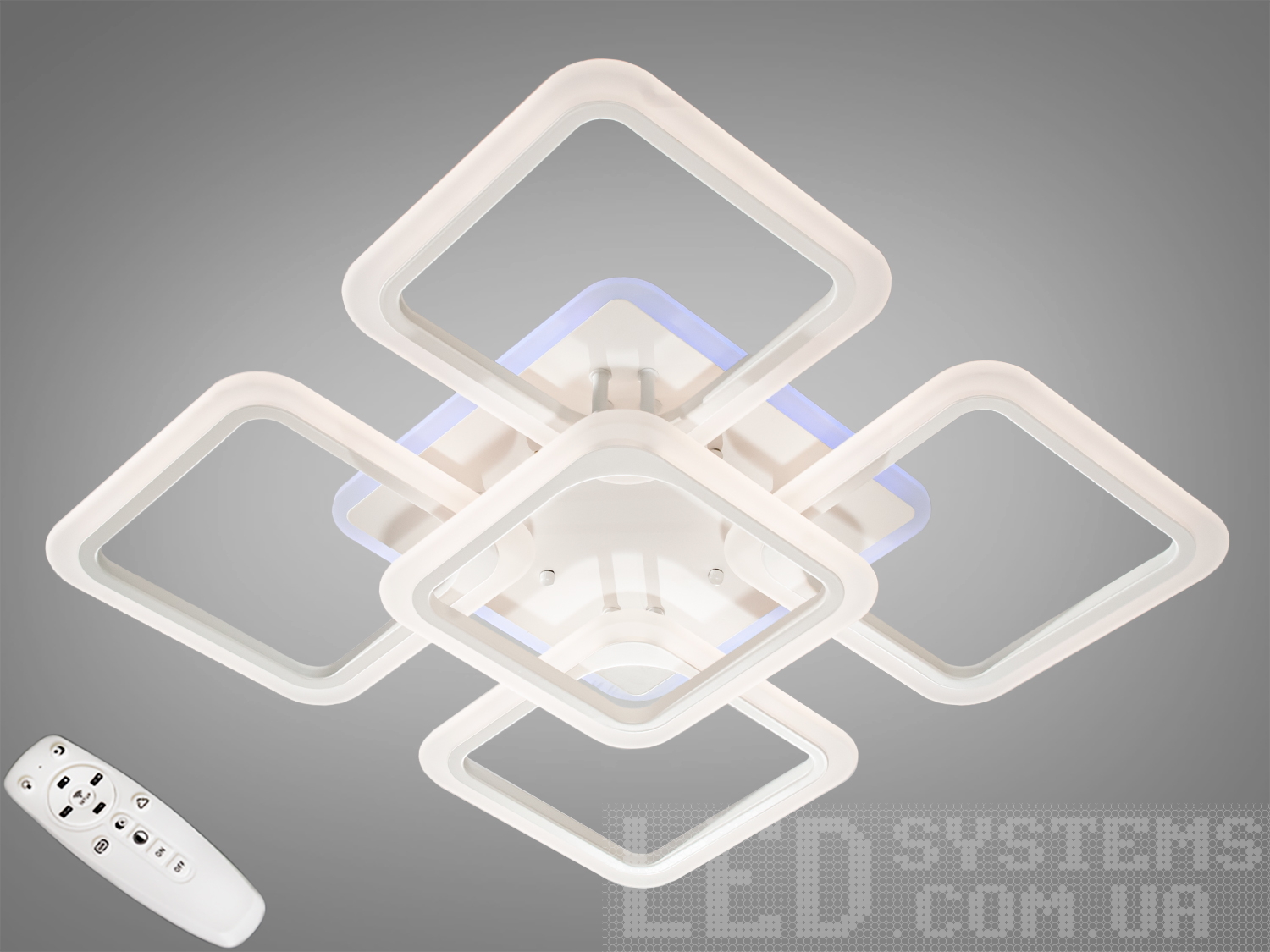 Стельова LED люстра Серія 8060 біла, 120W, з пультом і димером. П’ять квадратних рамок, рівномірне світло для приблизно 20–25 м².