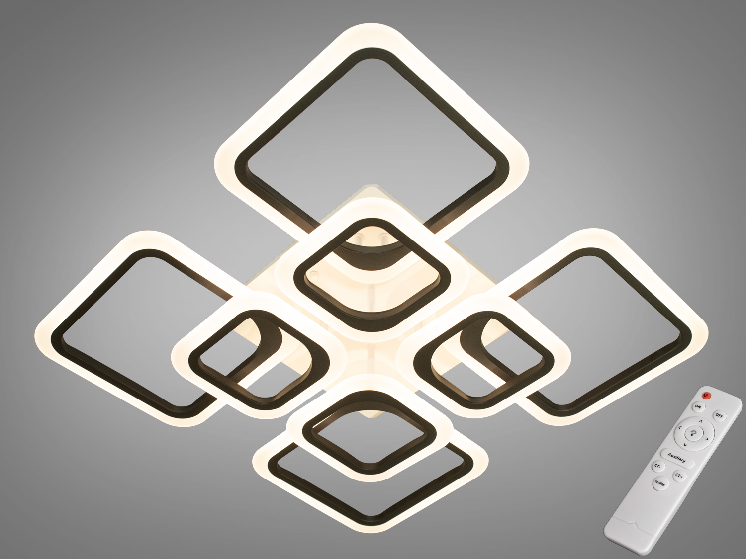 Світлодіодна стельова люстра Серія 8060 чорна, 110 W, 8 квадратних рамок, димер і пульт. Тепле/холодне/нейтральне світло, нічник і синя підсвітка для кімнат ~19 м².