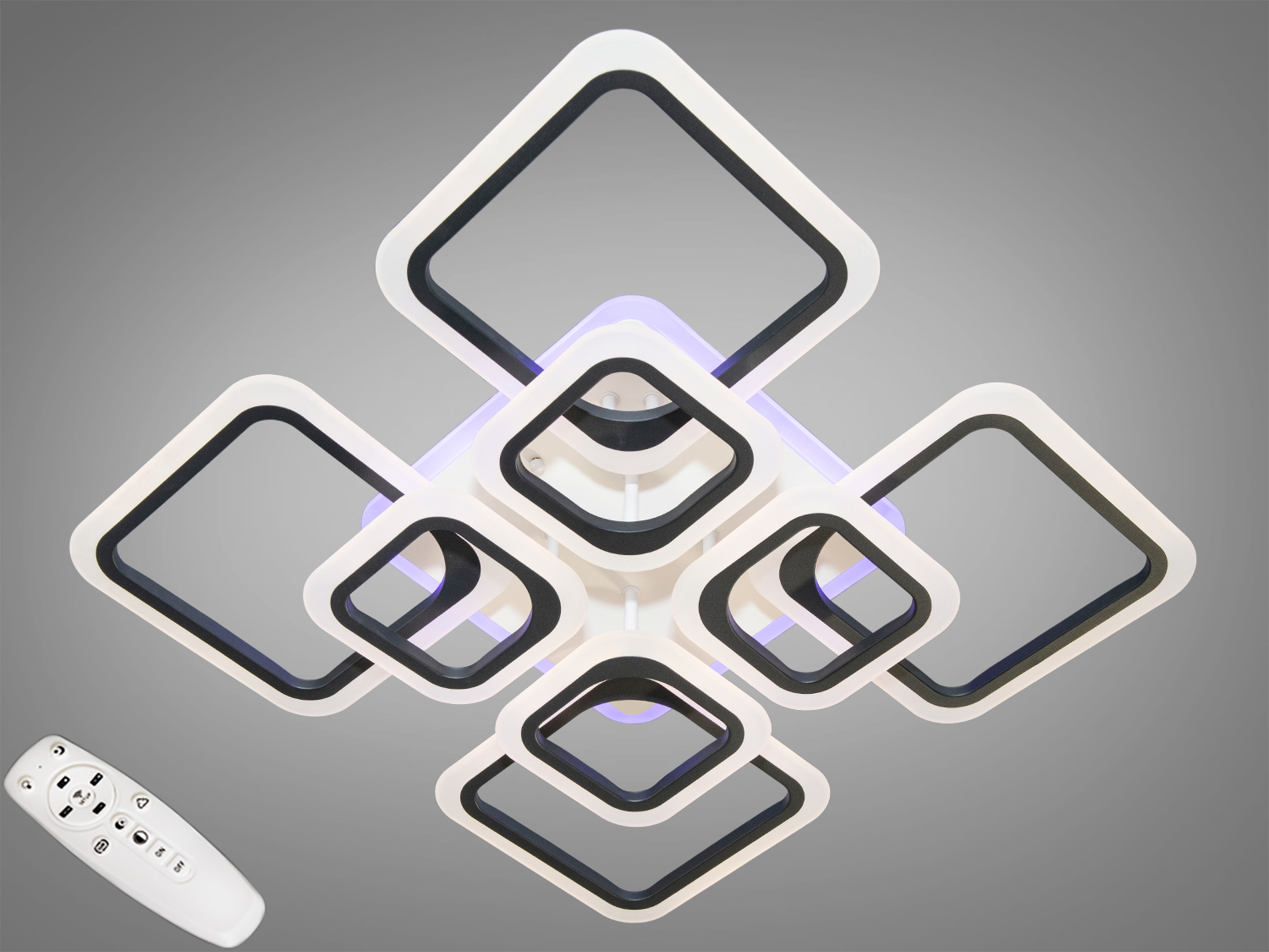 Стельова LED люстра серії 8060, чорна, 145W. 8 модулів, пульт, димер, зміна колірної температури, нічний режим ~5% та синя підсвітка, акриловий розсіювач.