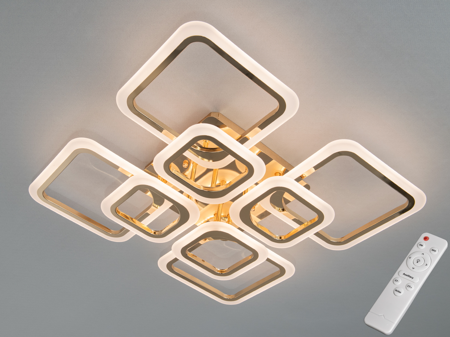 Світлодіодна стельова люстра Diasha 8060, 110 Вт, золото. Дистанційне керування, димування та зміна CCT 3200–6000K, 8 плафонів, для кімнат до ~19 м².