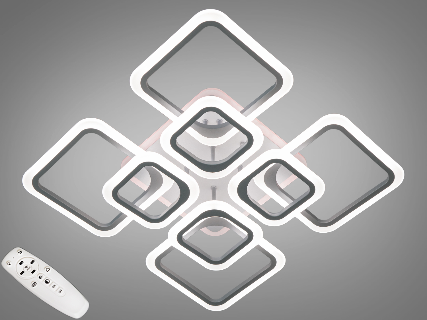 Світлодіодна стельова люстра Diasha 8060, сіра, 145W. Вісім плафонів, пульт і диммер, налаштування яскравості та відтінку білого для кімнат до 25 м².