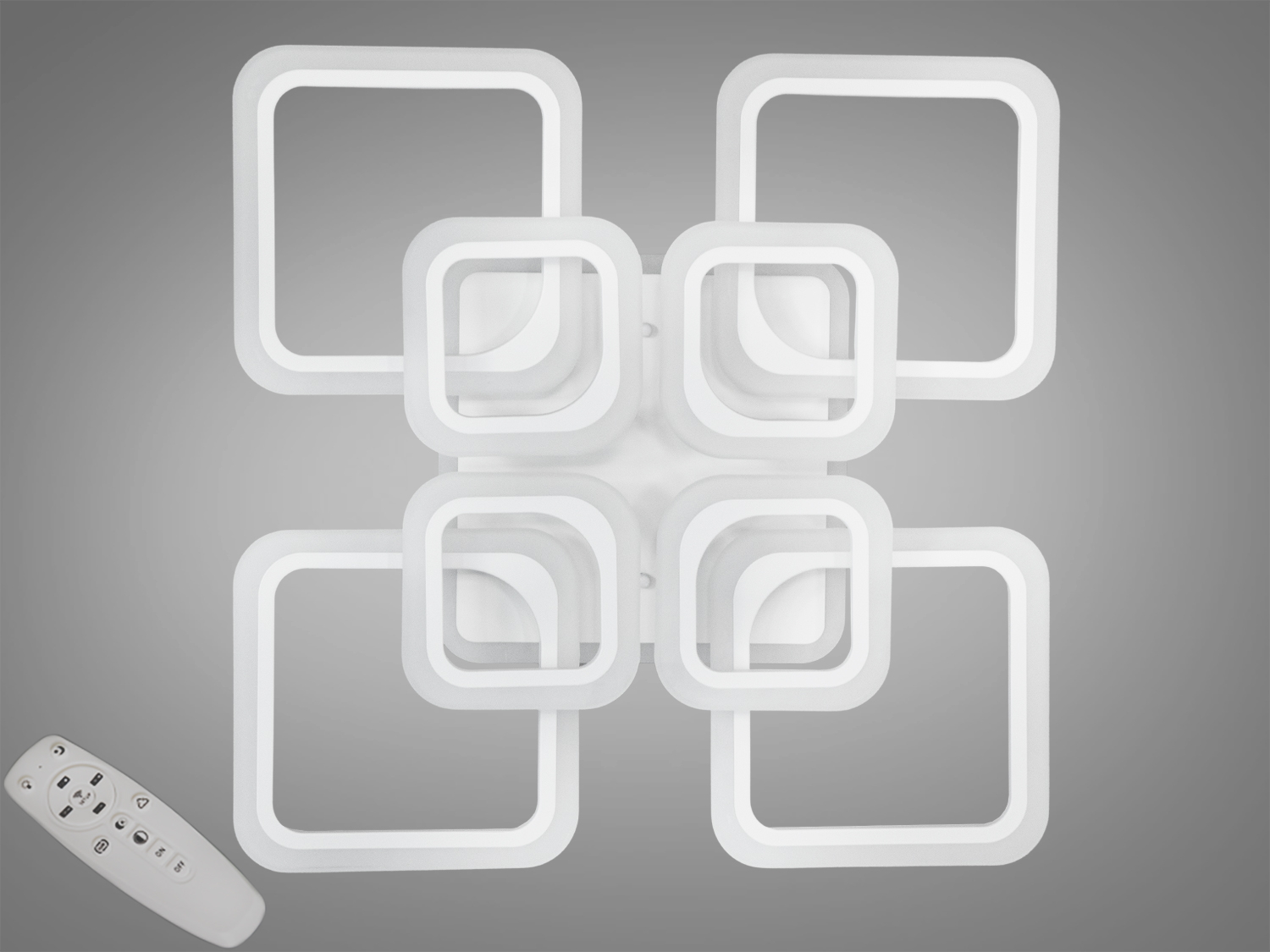 Світлодіодна люстра 8060, біла, 125 Вт, з пультом і димуванням. 8 квадратних модулів, зміна CCT та нічний режим. Для кімнат до приблизно 21 м².