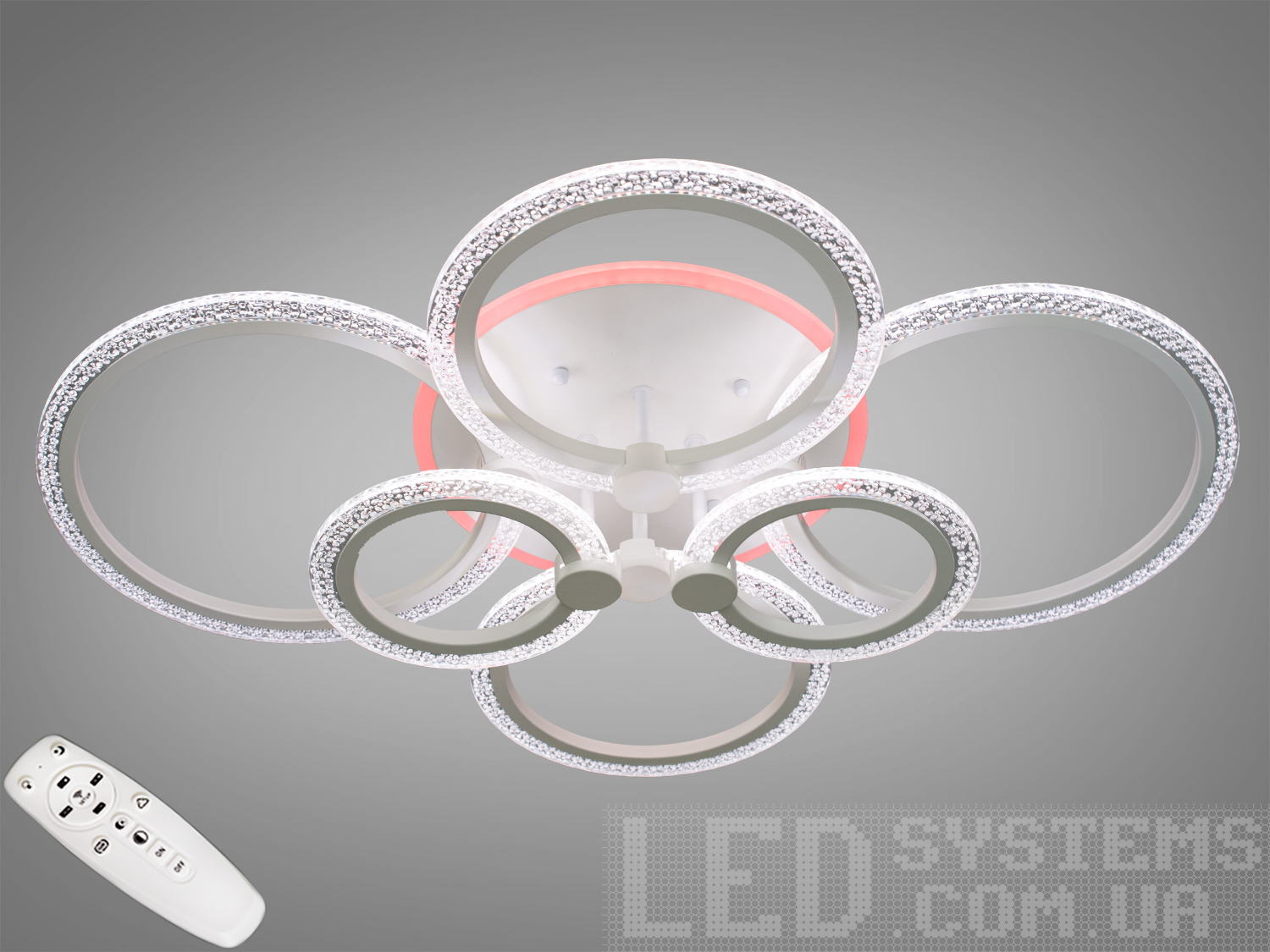 Біла LED стельова люстра 6 кілець, 105Вт, димер і CCT 3200–6000К. Пульт і настінний вимикач, низький профіль, для кімнат орієнтовно до 18 м².