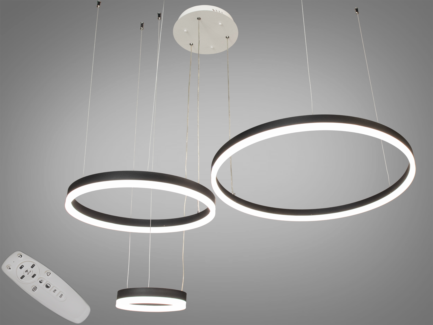 Світлодіодна підвісна люстра три кільця з пультом, 90W. LED люстра кільця - ідеальне рішення для сучасних будинків і квартир, де комфорт та естетика відіграють ключову роль.