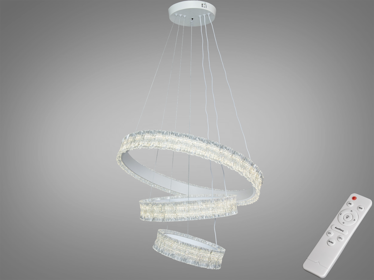 Підвісна LED-люстра Diasha, біла, 3 кільця, 135 W, ≈7425 лм. Пульт і настінне керування, 3 режими світла (3200K/4100K/6000K), регулювання висоти. Площа до ≈23 м².