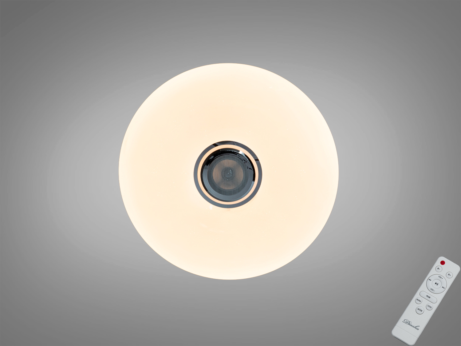 Біла смарт-люстра 80 Вт з RGB та Bluetooth-колонкою. Керування через i-Link або пульт, таймери, музичний ритм. Підходить для кімнат до ~14 м².