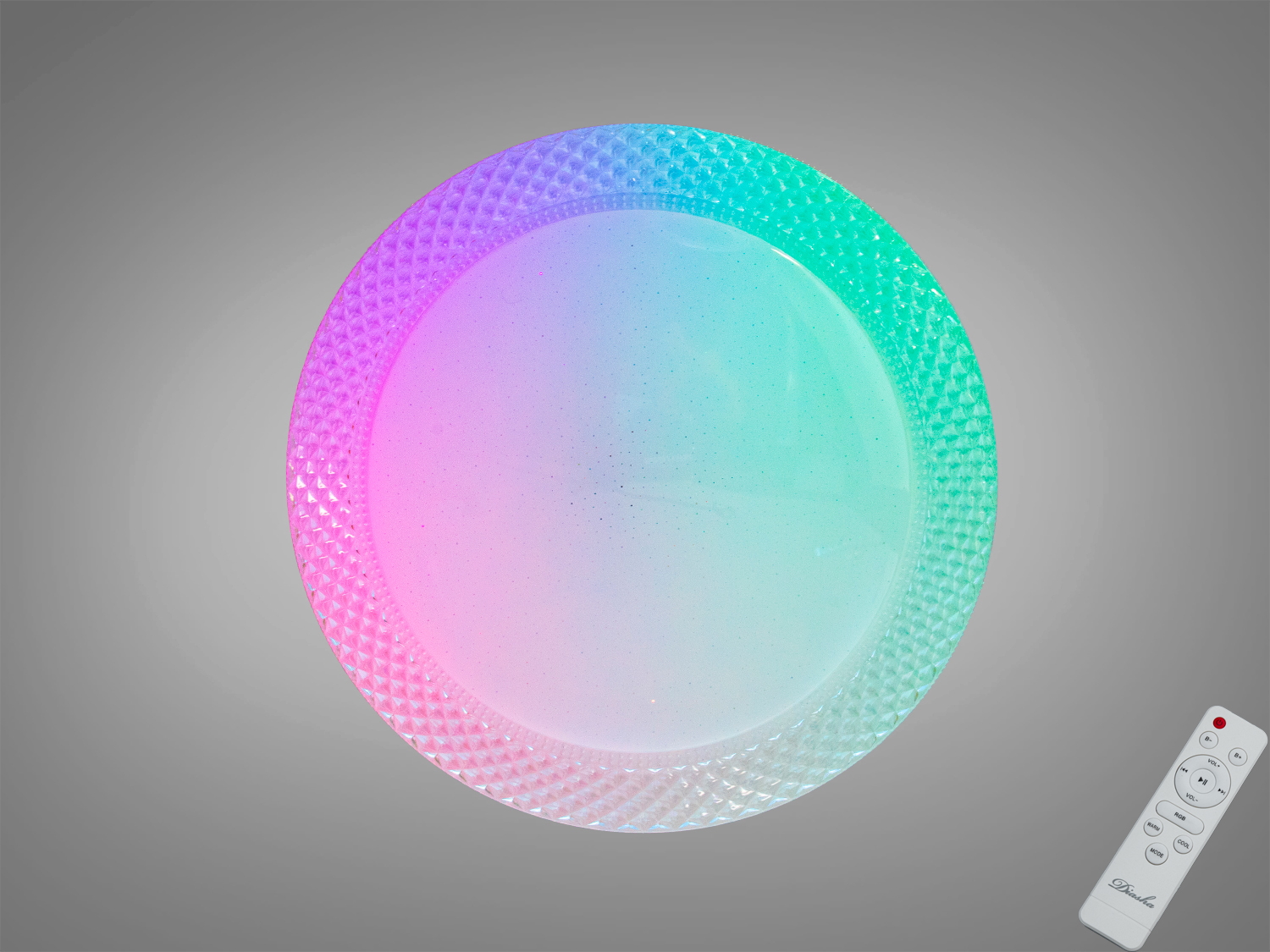 Стельова смарт люстра RGB, 80 Вт, білий корпус. Керування пультом і через додаток iLink, освітлення кімнат до 14 м², режими RGB та переливання кольорів.