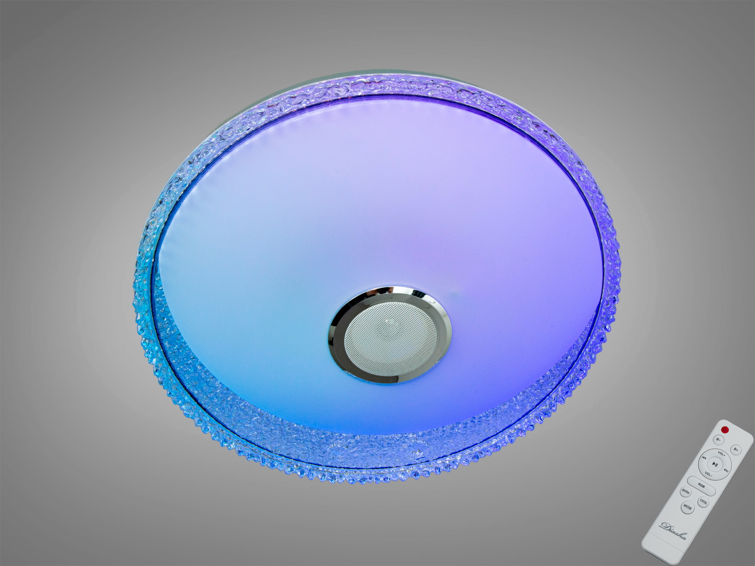 Смарт LED люстра RGB 80 Вт з Bluetooth-колонкою для кімнат до 14 м². Керування через i-Link і пульт, регулювання теплоти, яскравості, таймер, будильник і музичні ефекти.