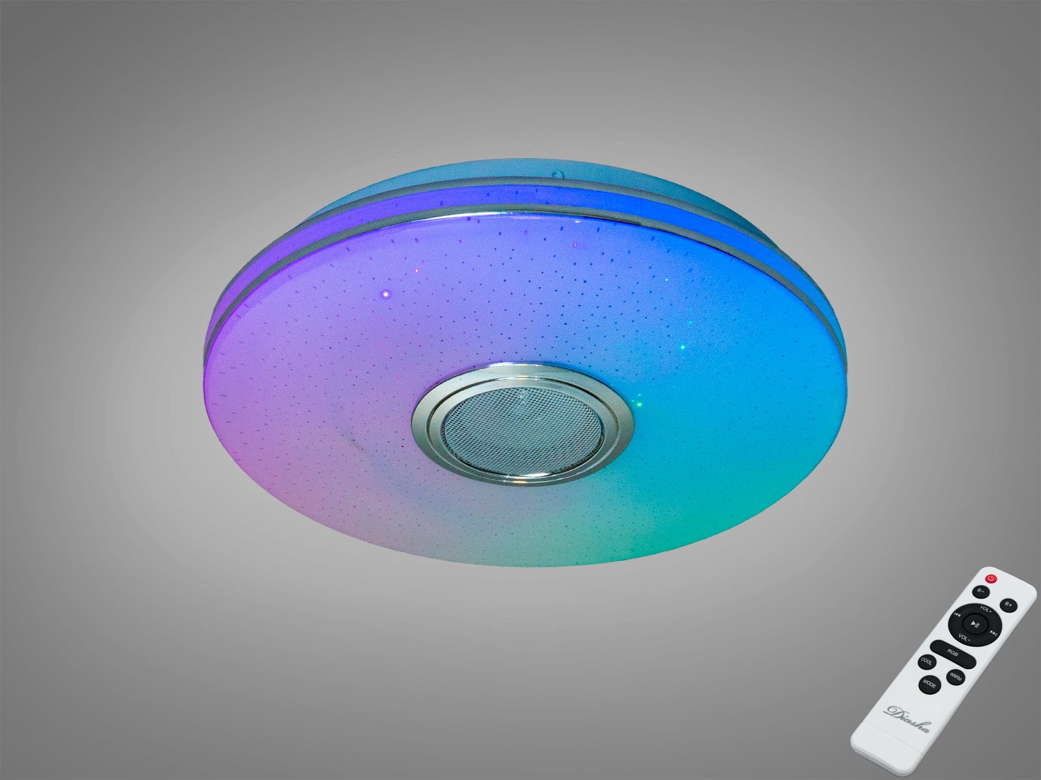 Diasha DB‑8310 — смарт стельова люстра 45 Вт з RGB та вбудованою Bluetooth‑колонкою. Керування через TUYA/Smart Life, для кімнат до 8 м².