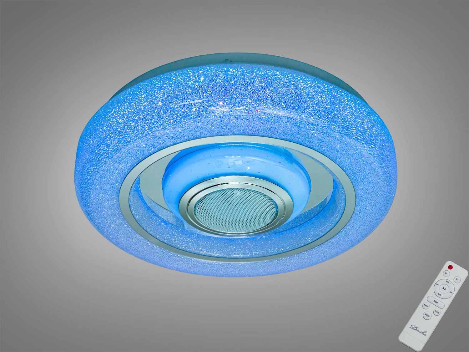 Біла смарт люстра 45 Вт з RGB та Bluetooth колонкою. Керування через додаток i-Link, таймери, музичний ритм. Підходить для кімнат до 8 м².